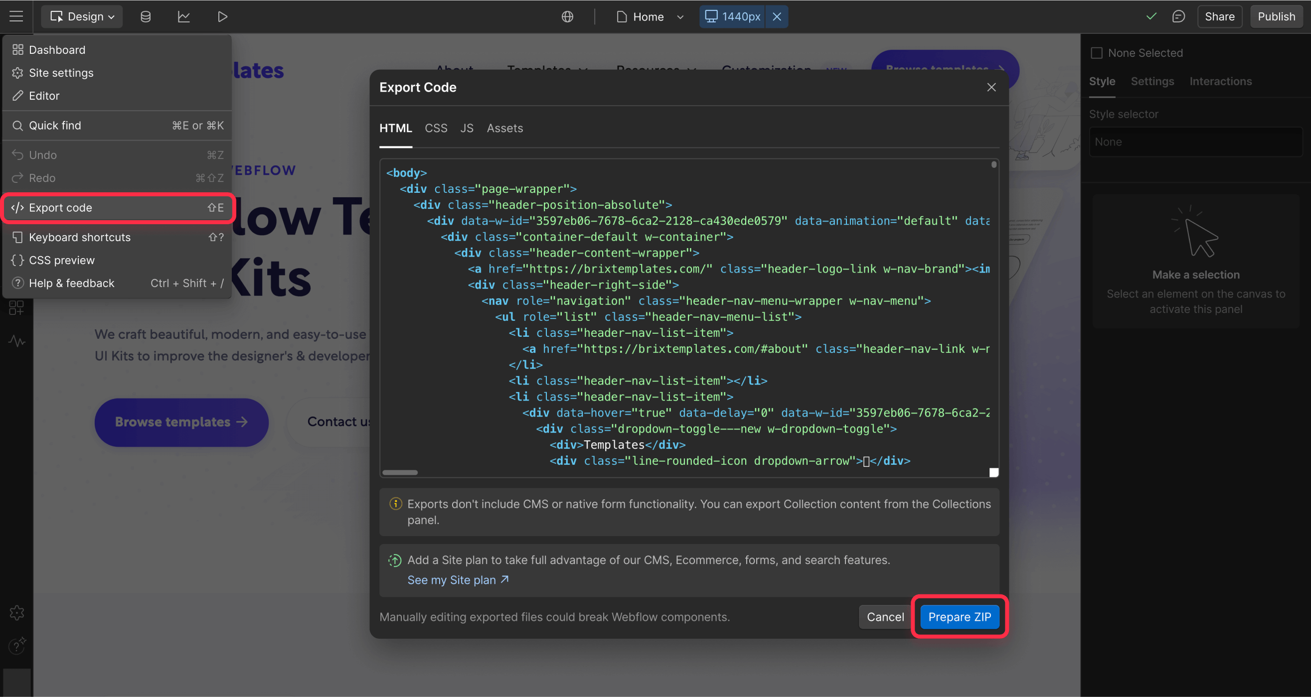 Webflow code export process in Webflow Designer