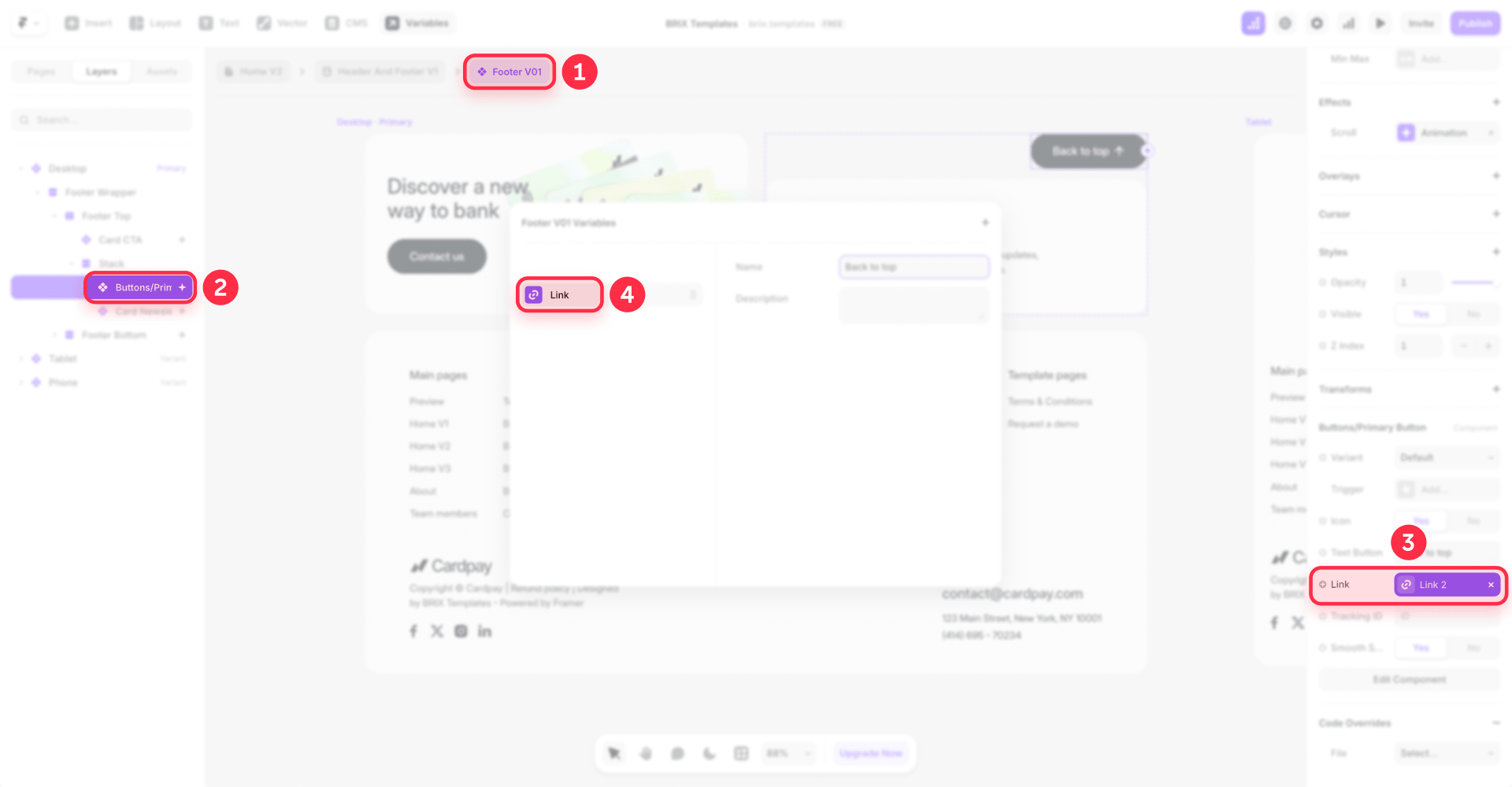 How to connect the Framer footer button to a Link Variable