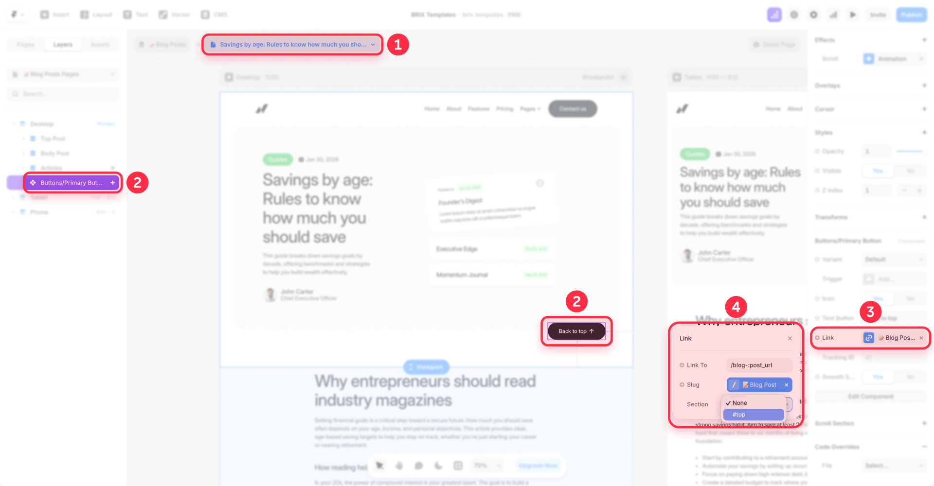 How to link the back-to-top button in a Framer CMS post