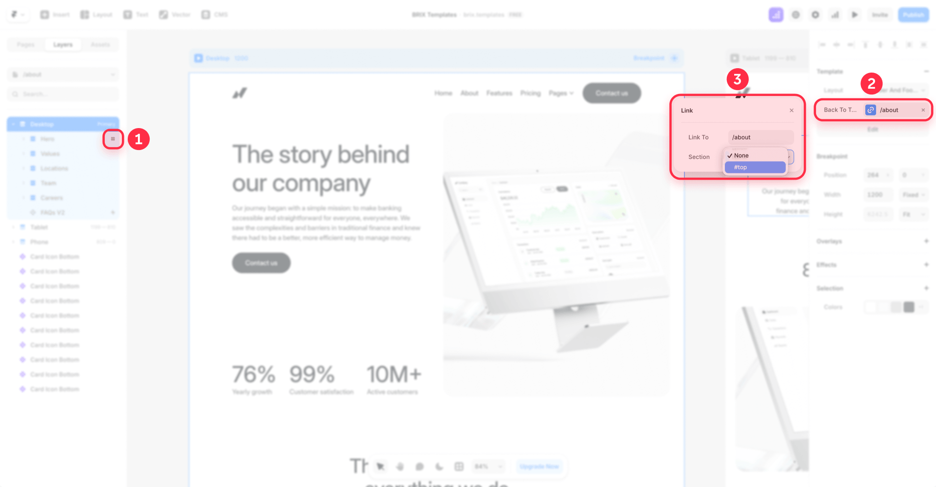 How to link the back-to-top button on a Framer page