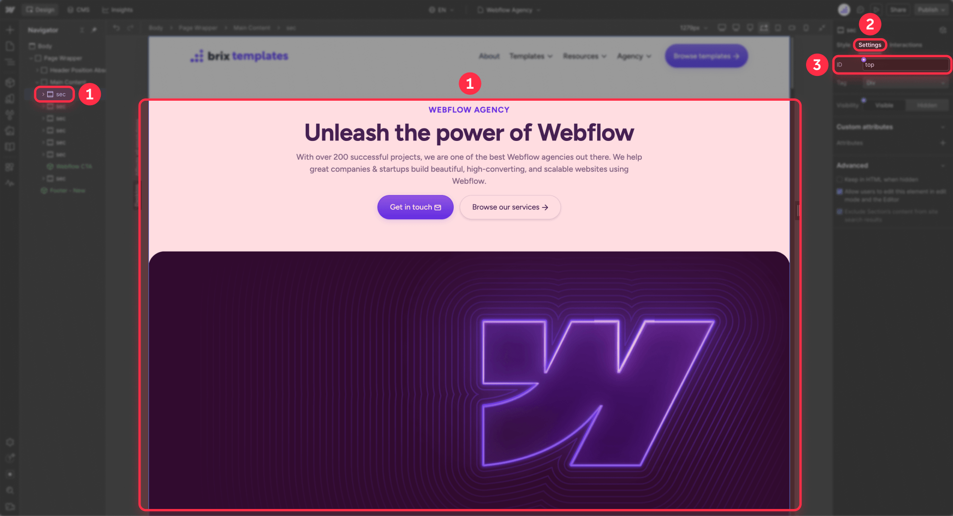 How to add the top ID to the hero section in Webflow