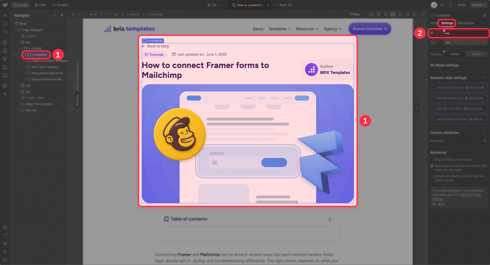 How to add the top ID to the Webflow CMS template