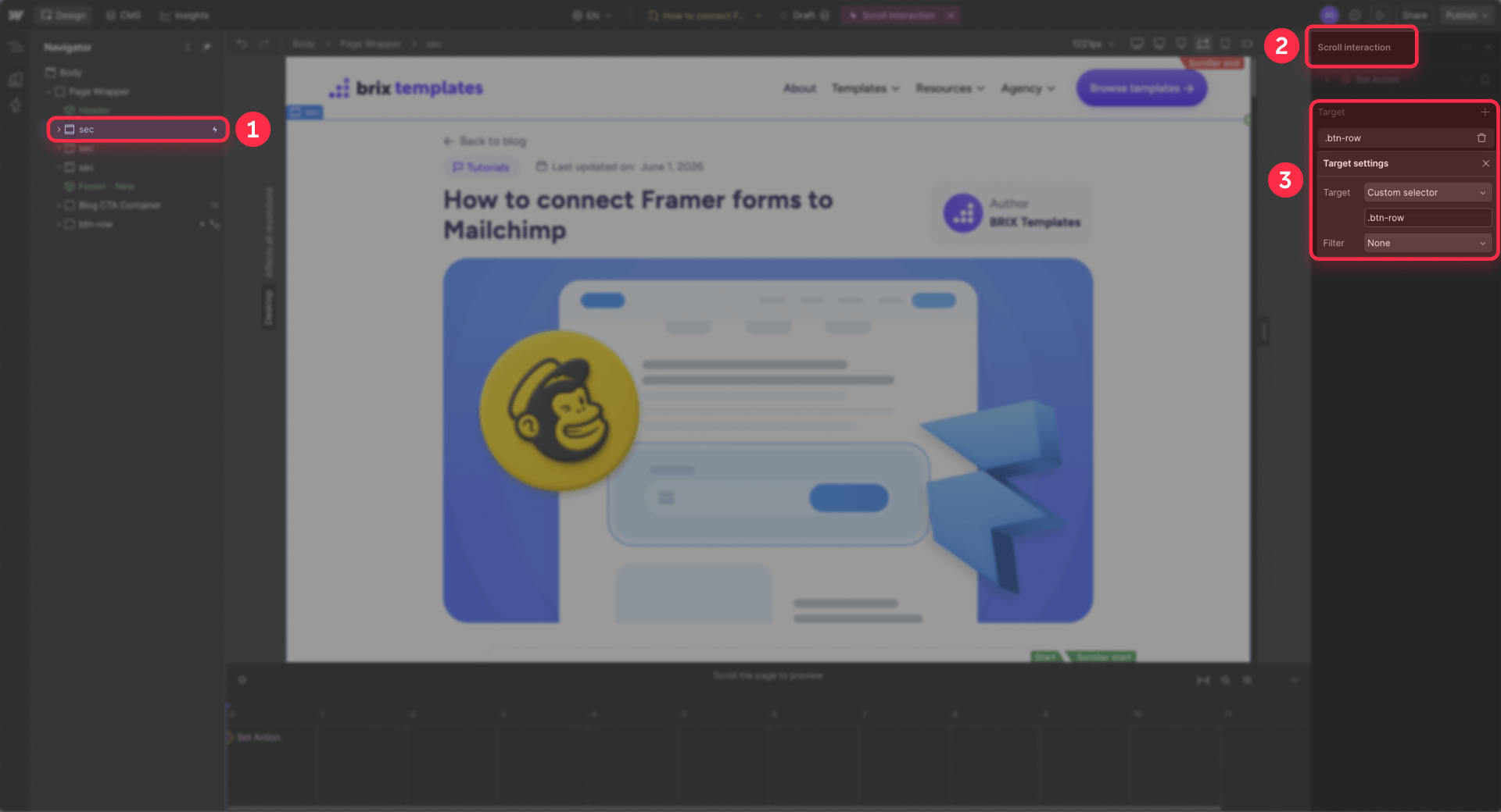How to apply the btn-row selector in a Webflow scroll interaction
