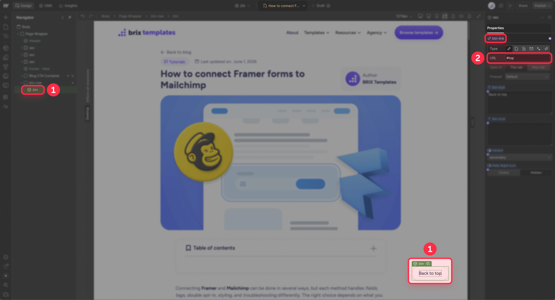 How to link the Webflow back-to-top button to the top URL