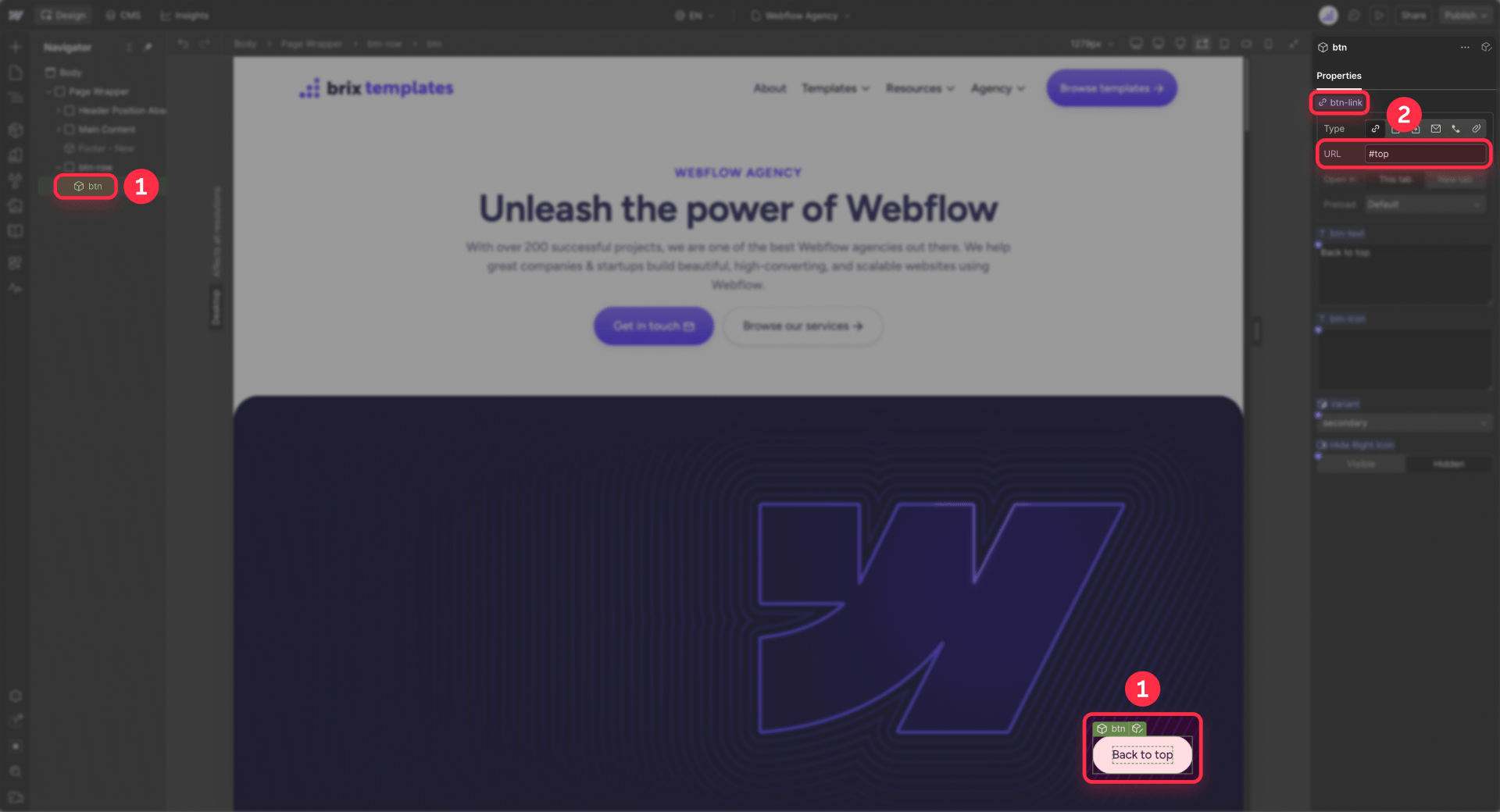 How to link the Webflow back-to-top button to top