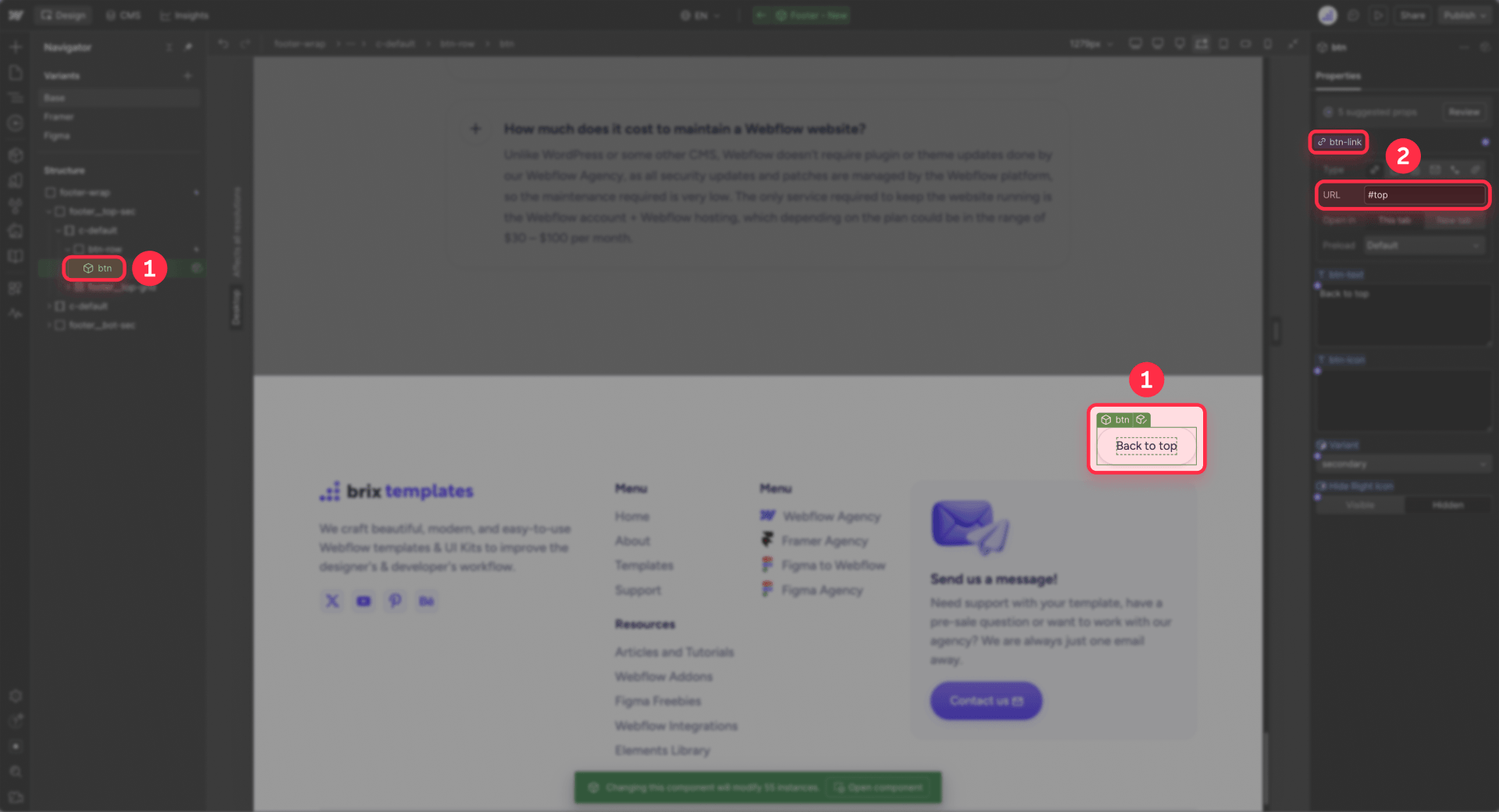 How to link the Webflow footer back-to-top button to top