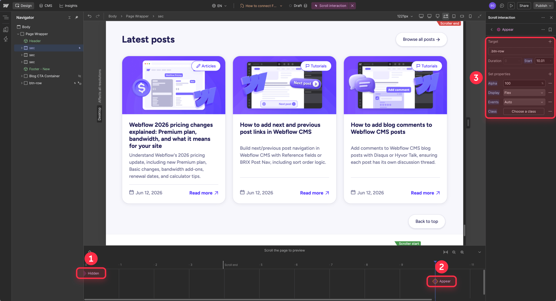 How to reveal the back-to-top button in Webflow after scrolling