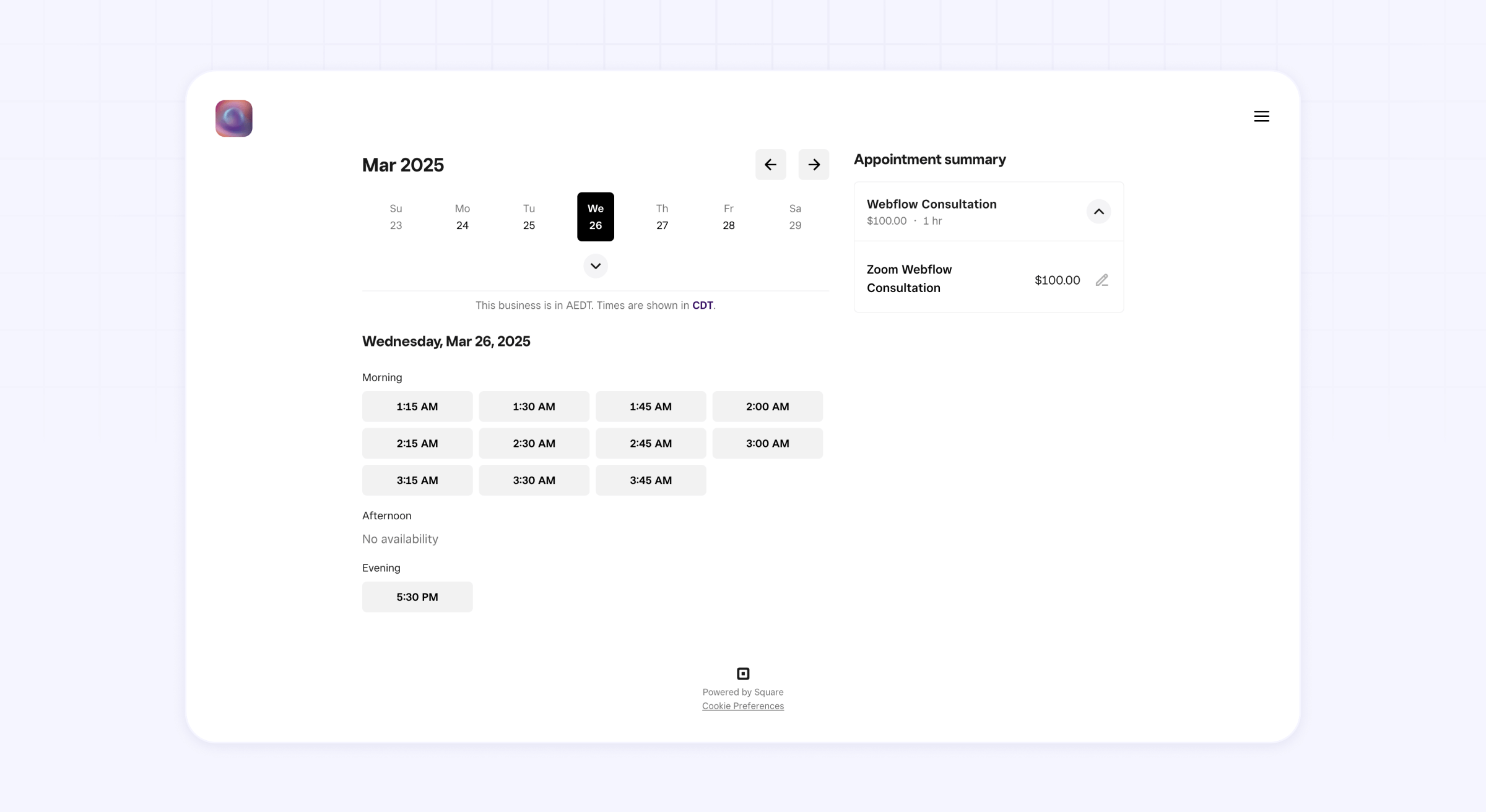 Square appointments embed Webflow site integration