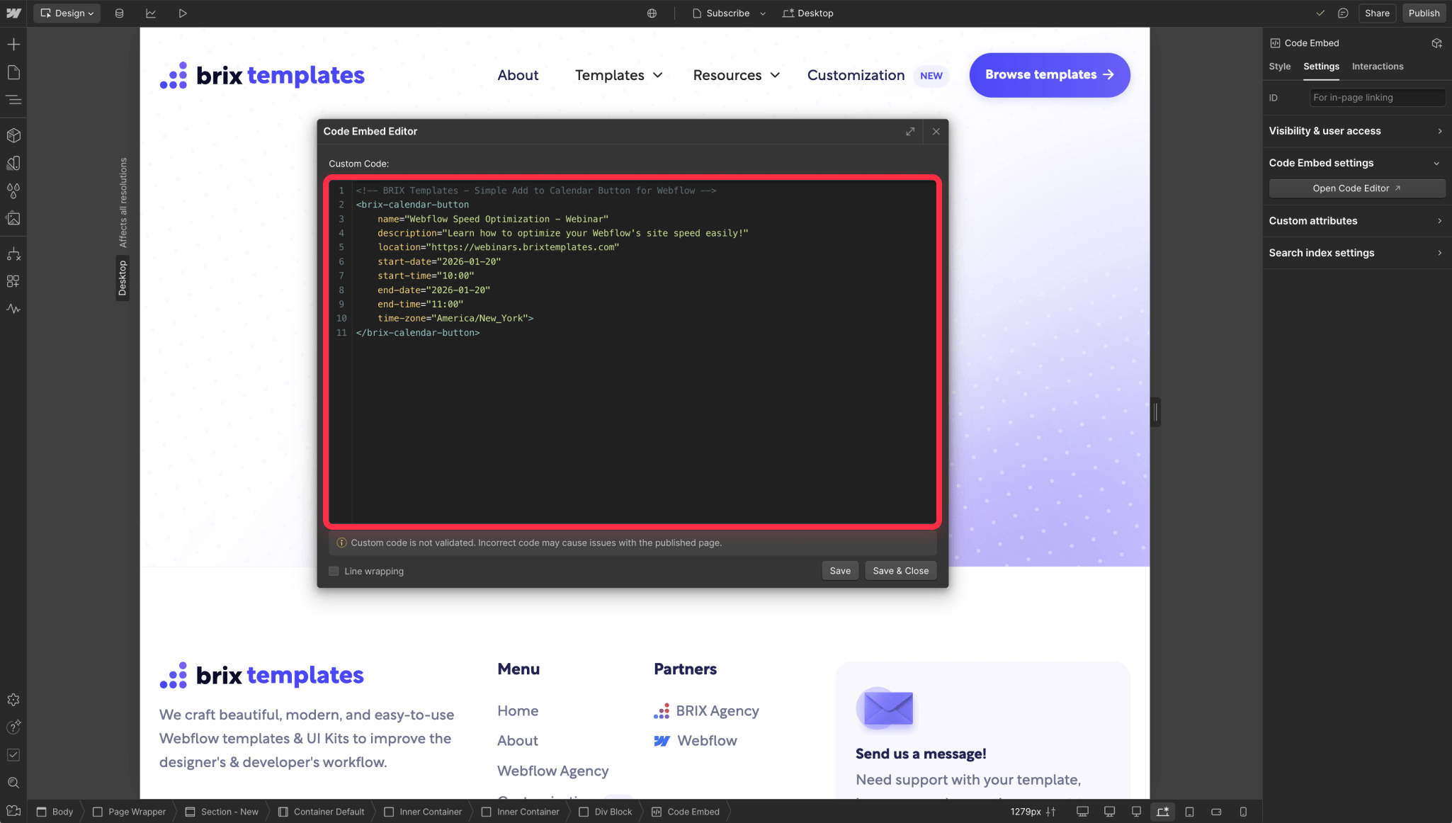 Edit Webflow add to calendar event button