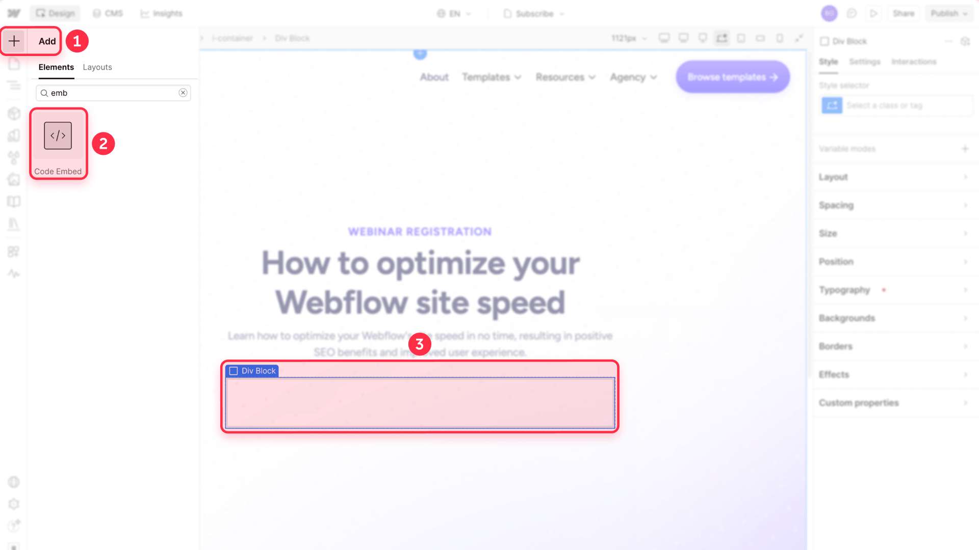 Add a Code Embed to the webinar page in the Webflow Designer