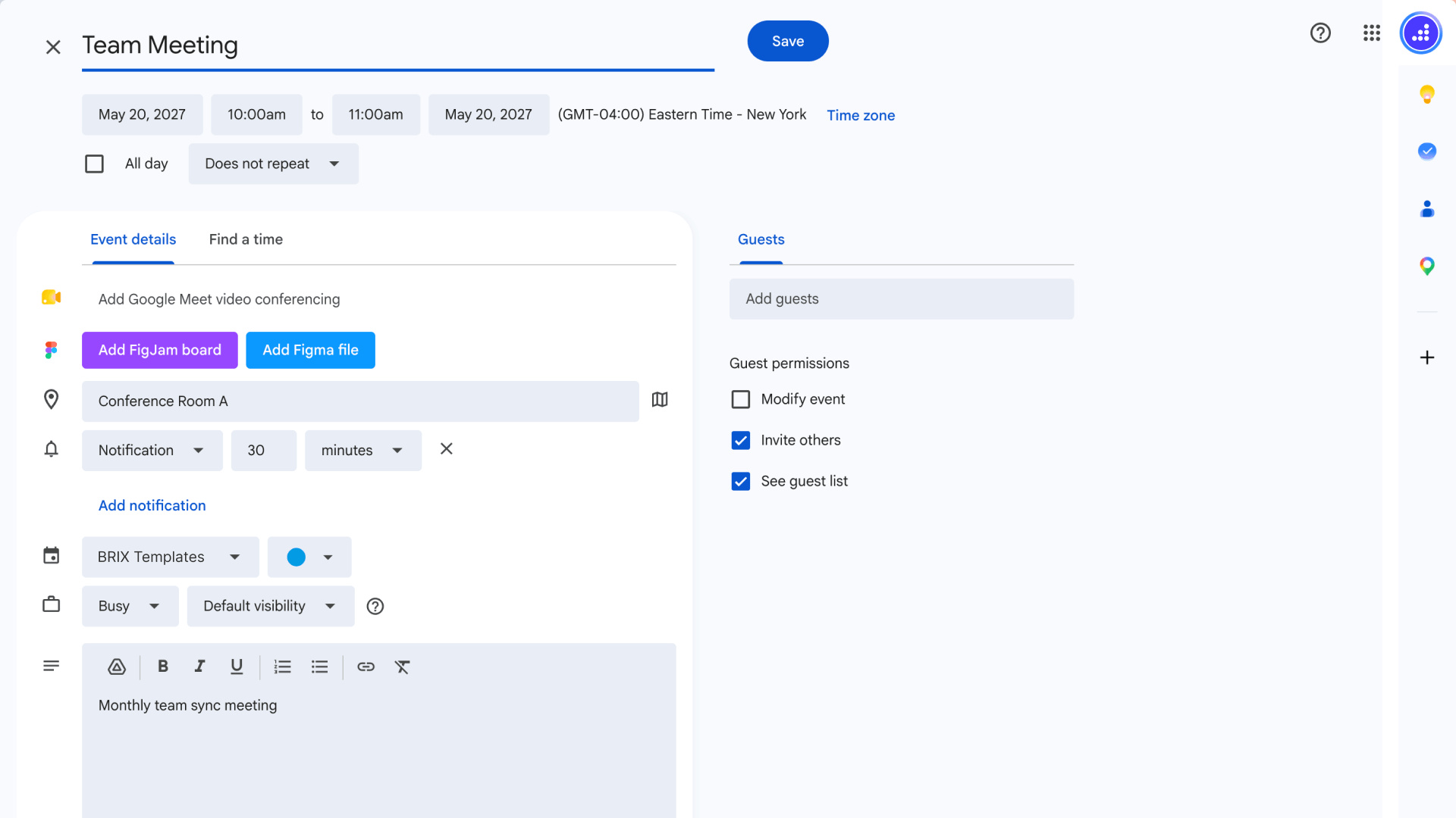 Verify the Team Meeting title, date, time, New York time zone, location, and description in Google Calendar before saving