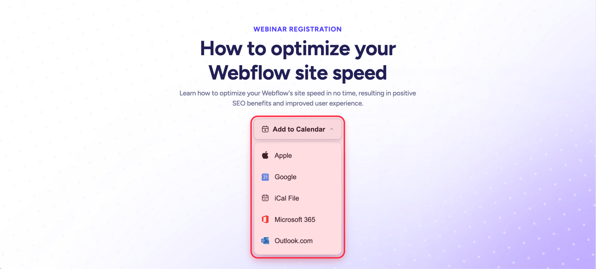 Open Webflow calendar menu showing Apple, Google, iCal File, Microsoft 365, and Outlook.com options