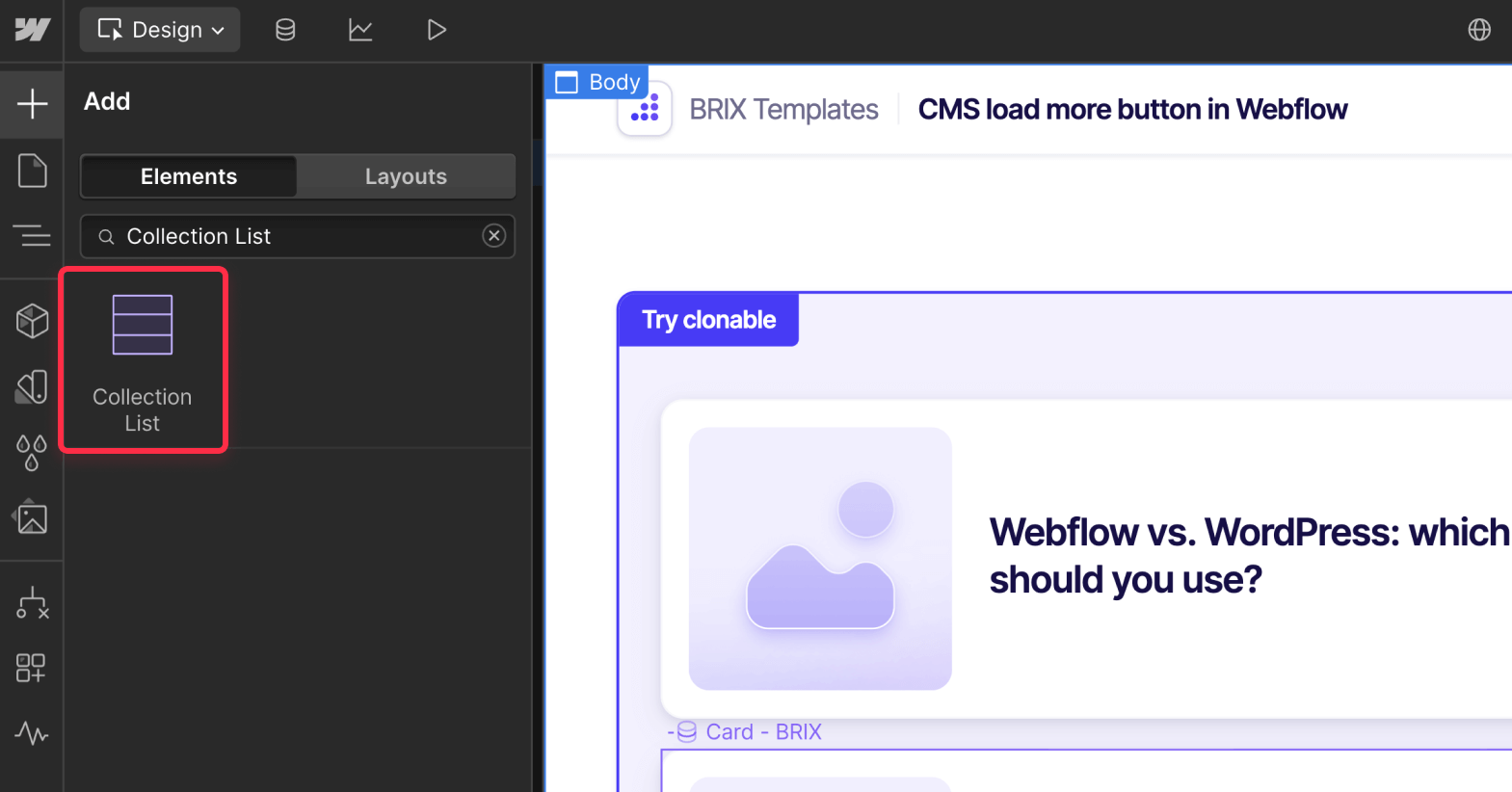 Add collection list to create Webflow CMS feed