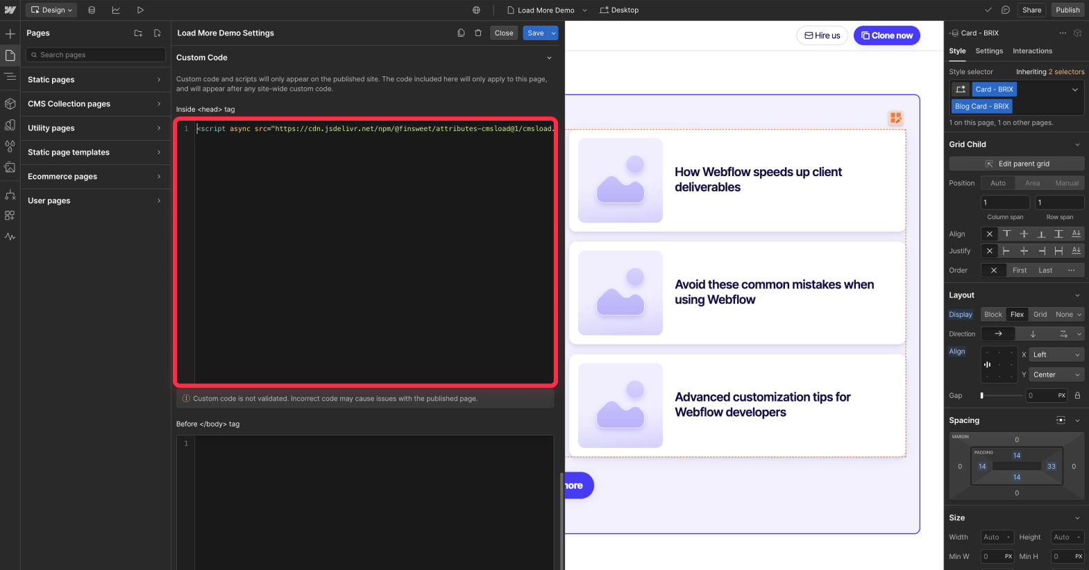 Add Finsweet attributes for Webflow CMS load more button