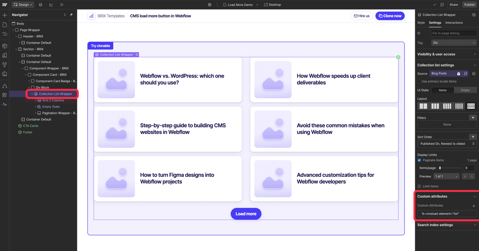 Add Finsweet custom attribute to CMS collection to add load more button