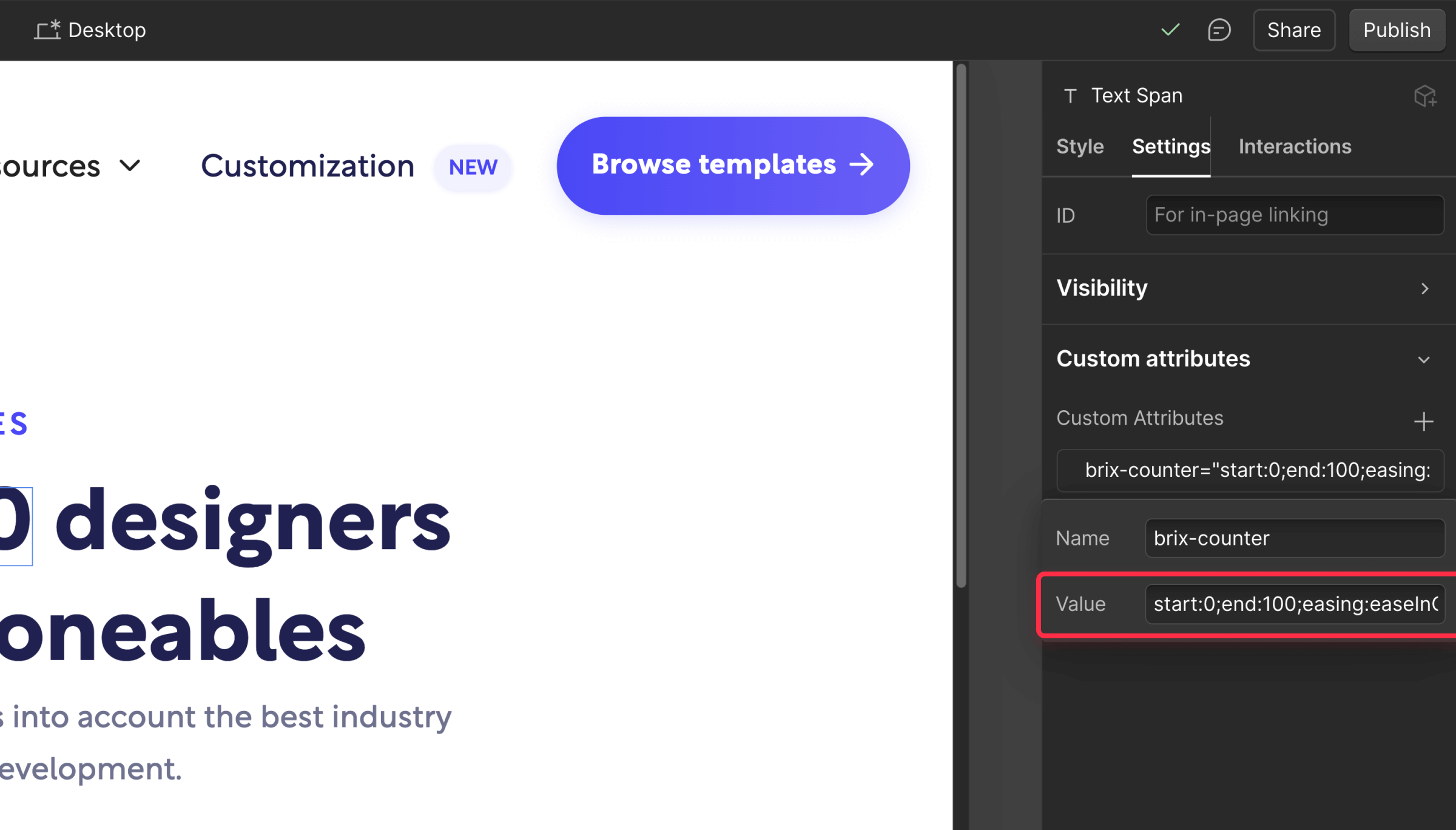 Add attribute for number counter functionality on your Webflow site