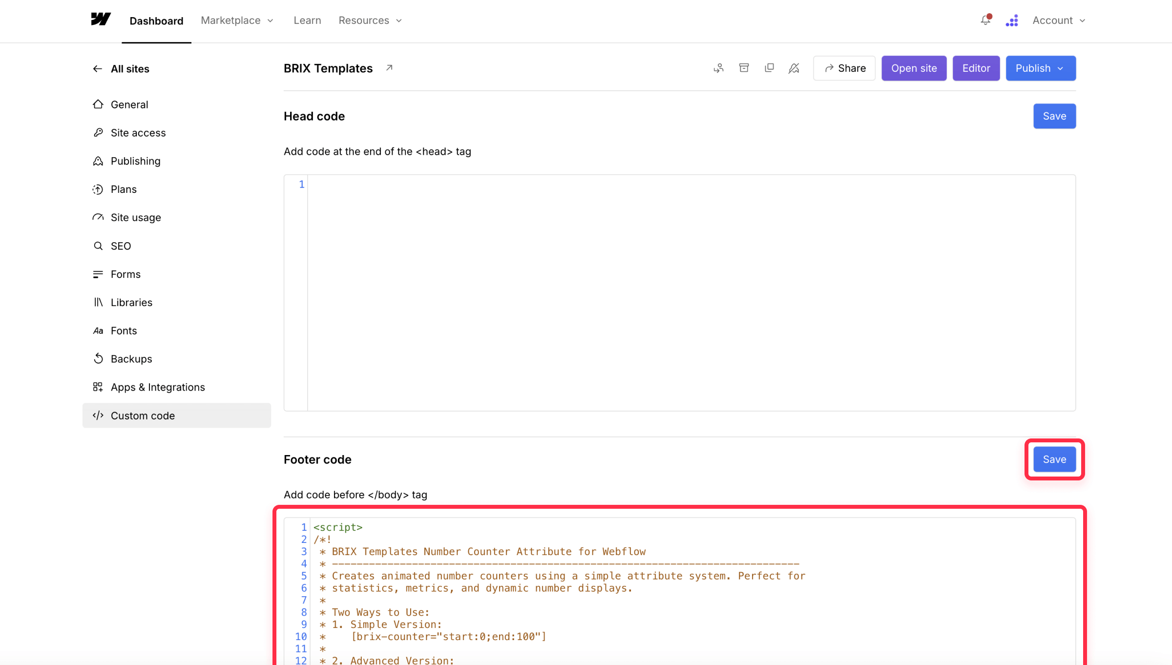 Add number counter animation script for Webflow