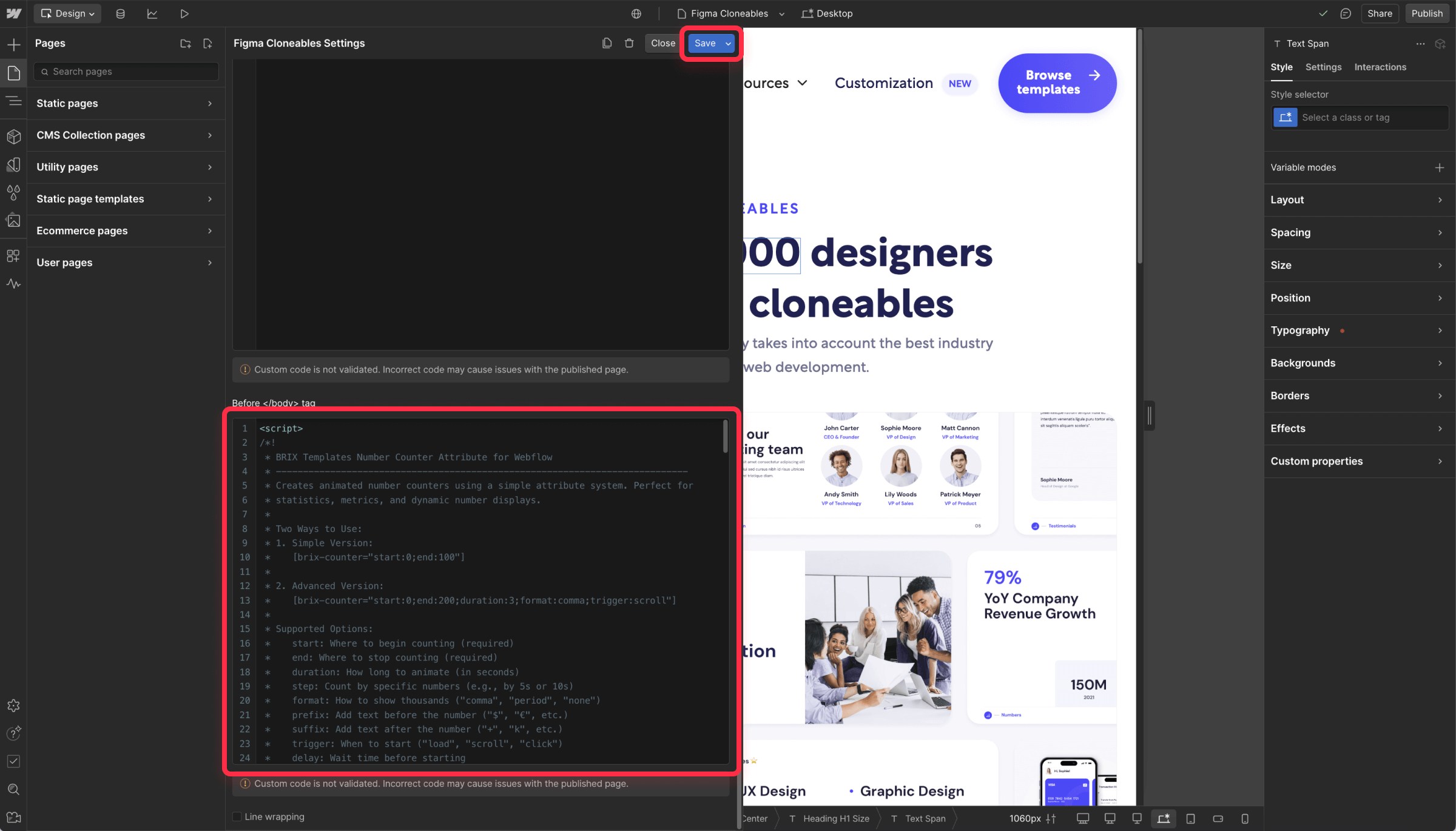 Add number counting functionality to Webflow