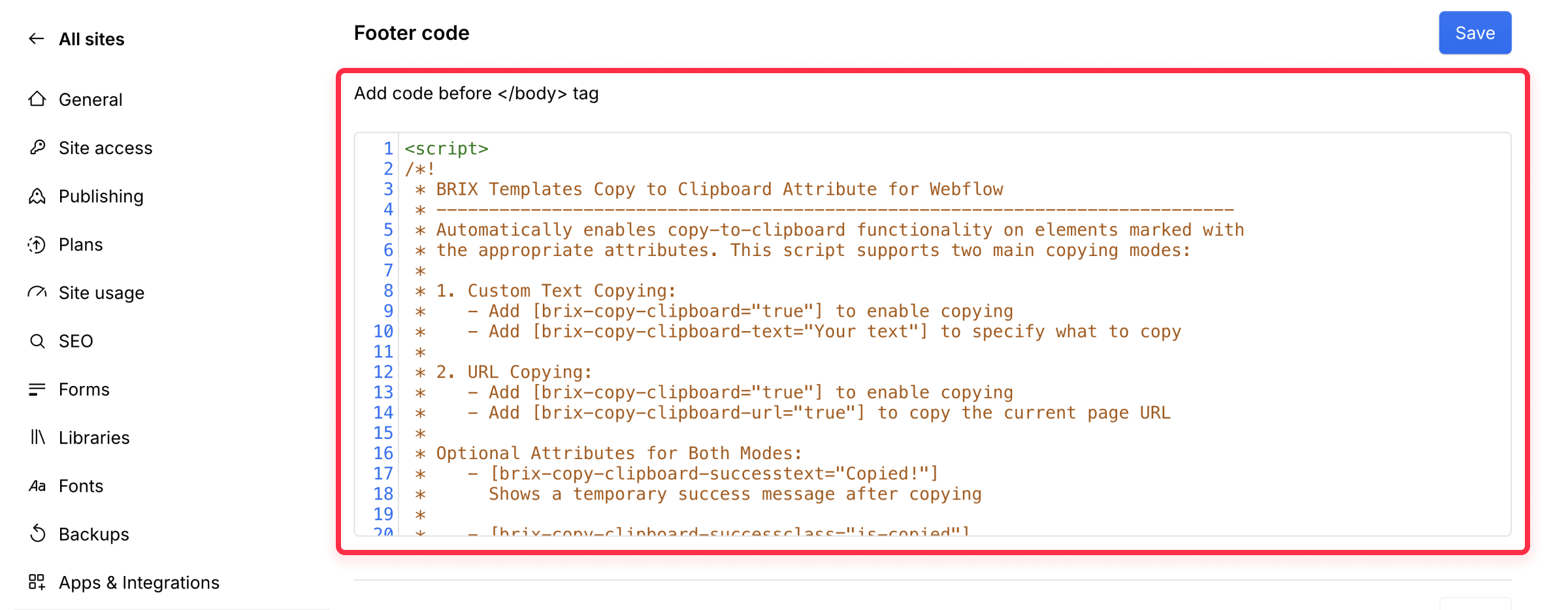 Add copy to clipboard script Webflow
