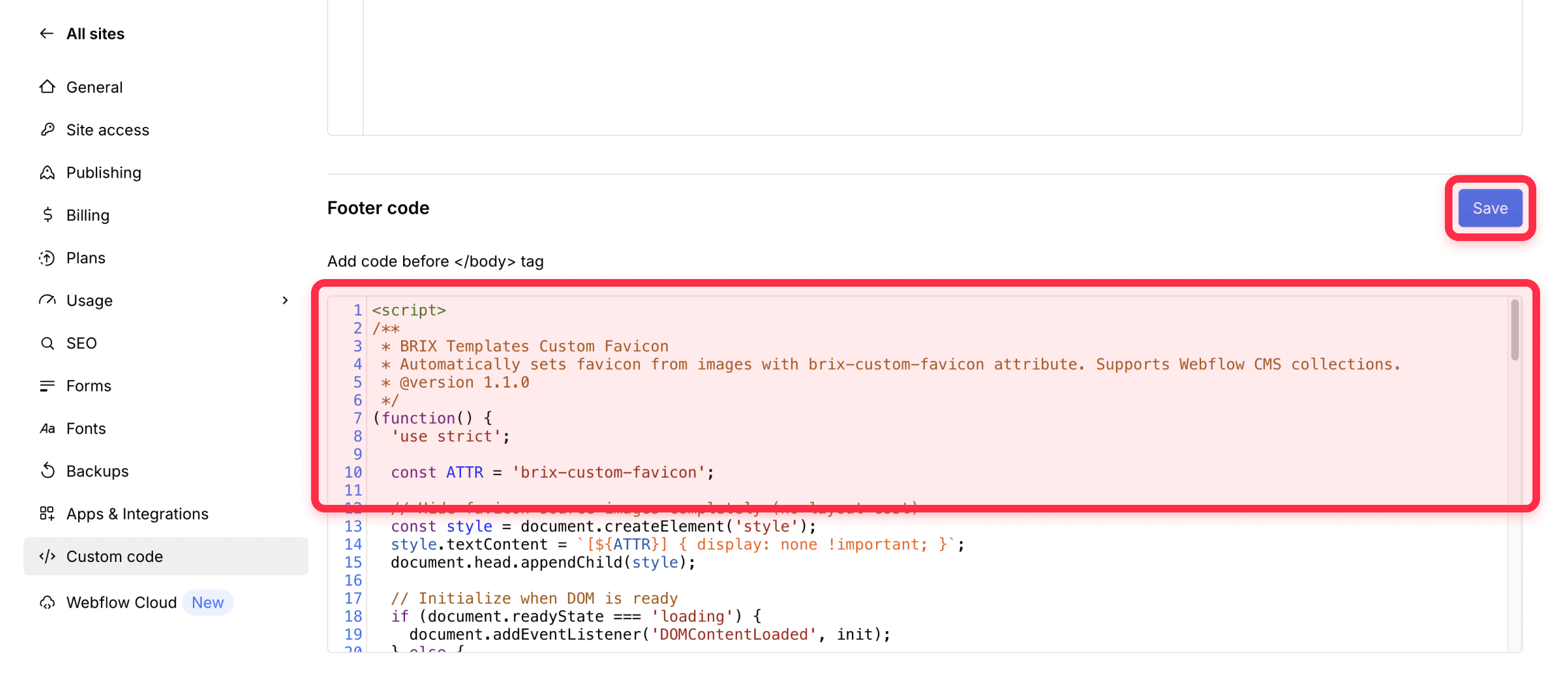 Add custom code for per page favicons on Webflow