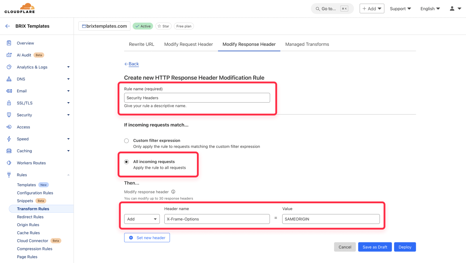 Setup security headers response for Webflow site on Cloudflare