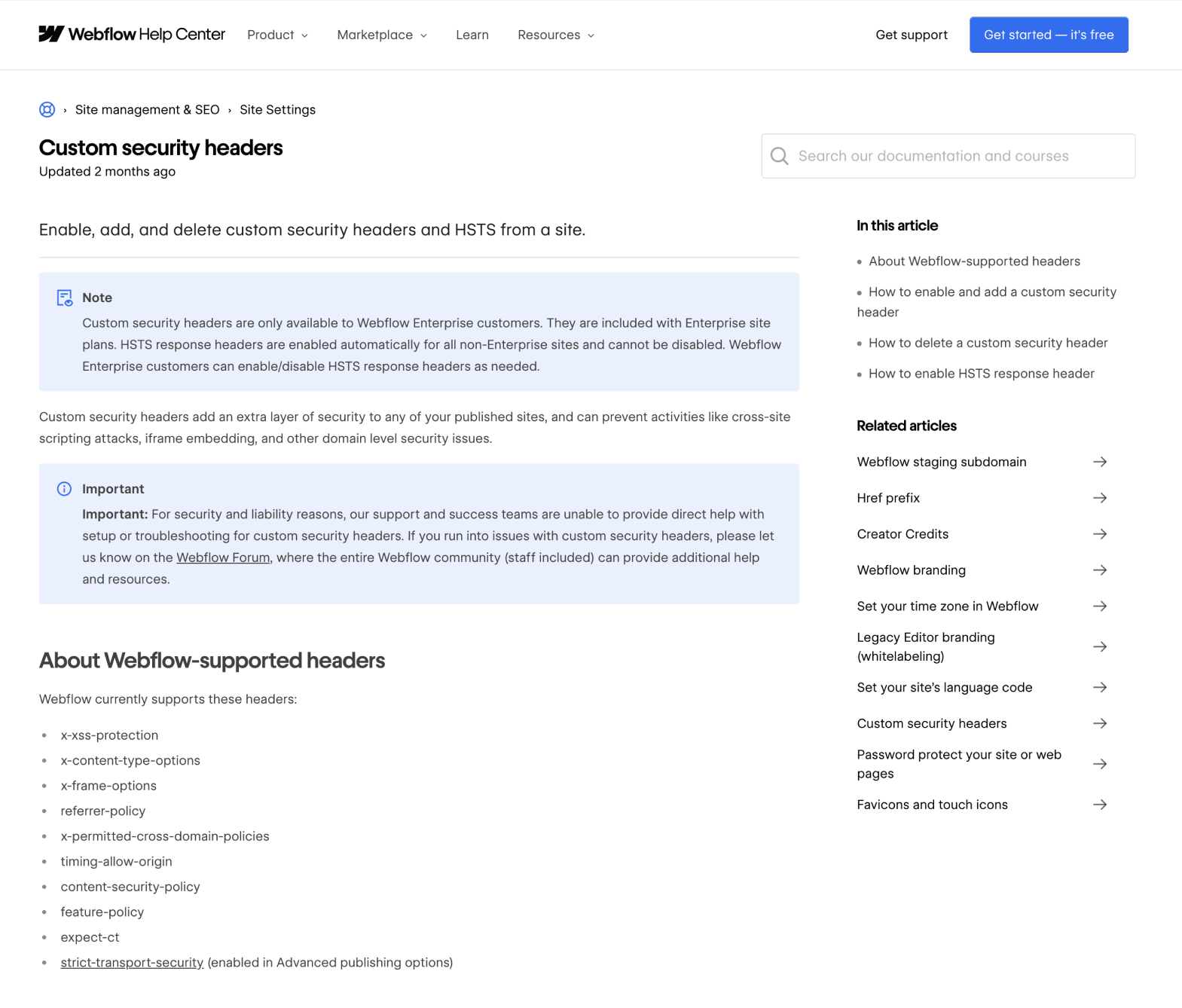 Supported custom headers in Webflow enterprise