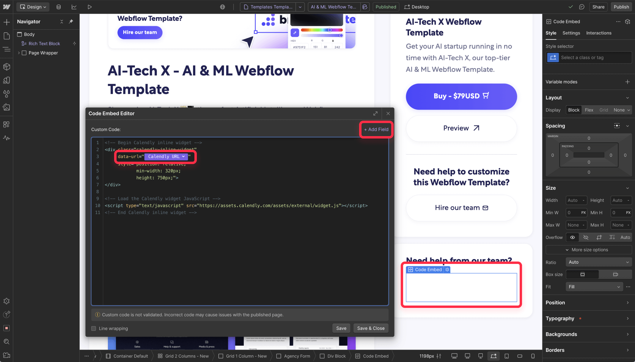 Create embed code in Webflow for dynamic iframe embedding
