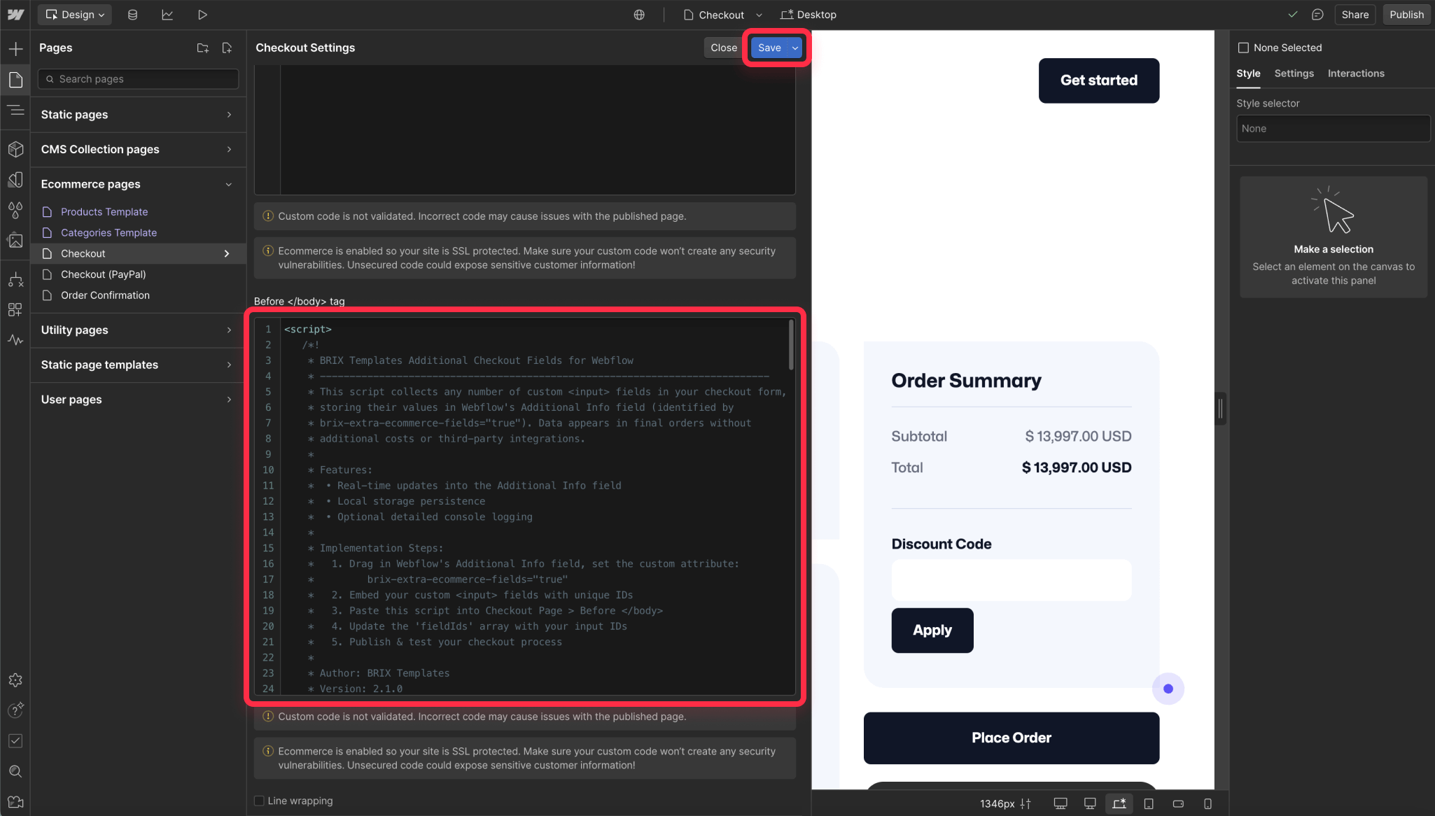 Add additional checkout fields script for Webflow
