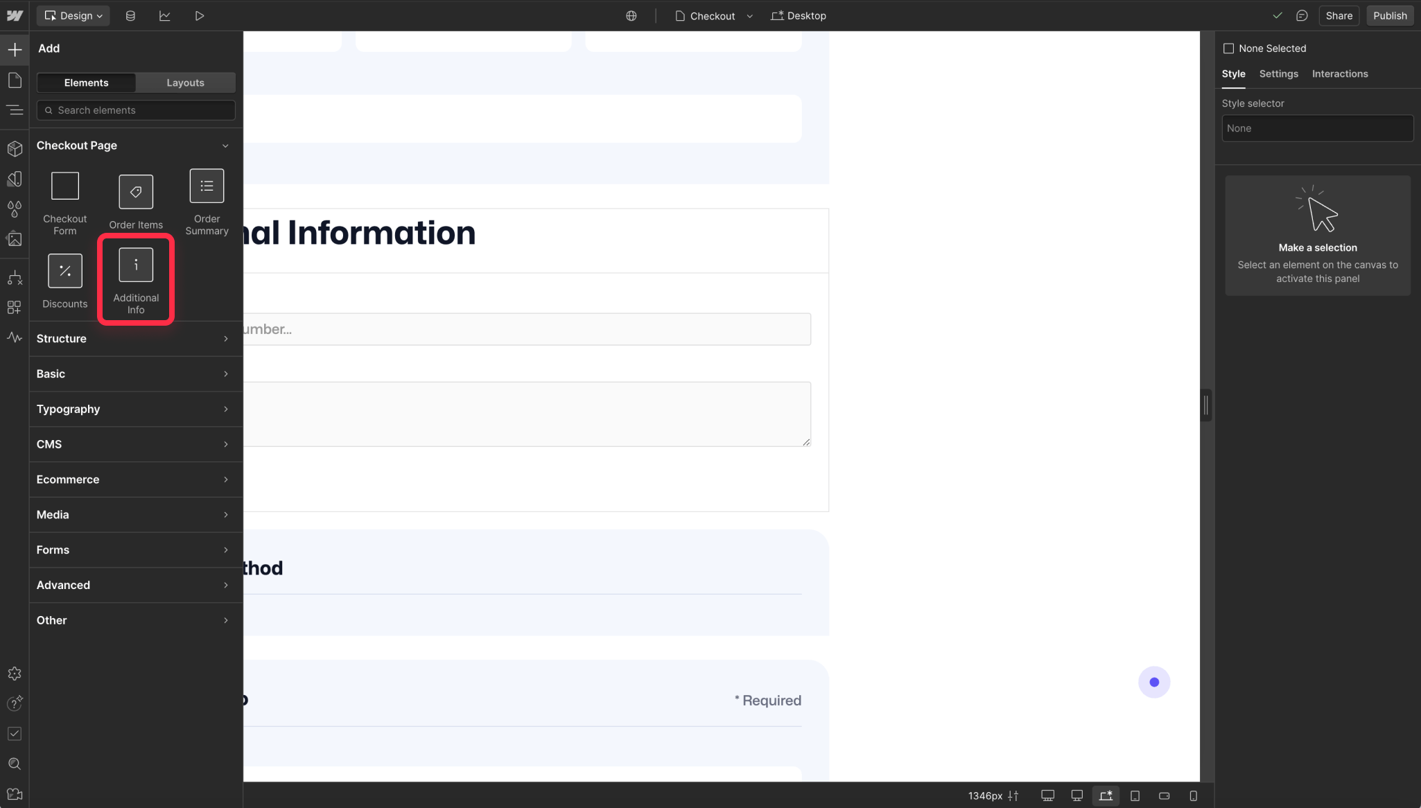 Add additional info checkout functionality in Webflow