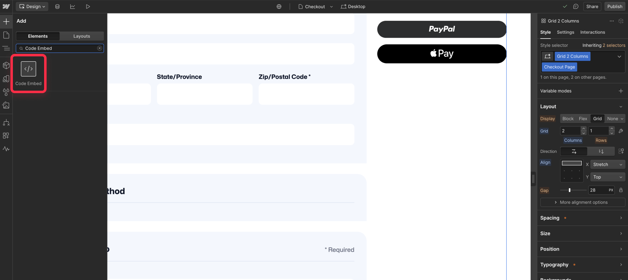 Add custom form fields in Webflow checkout process