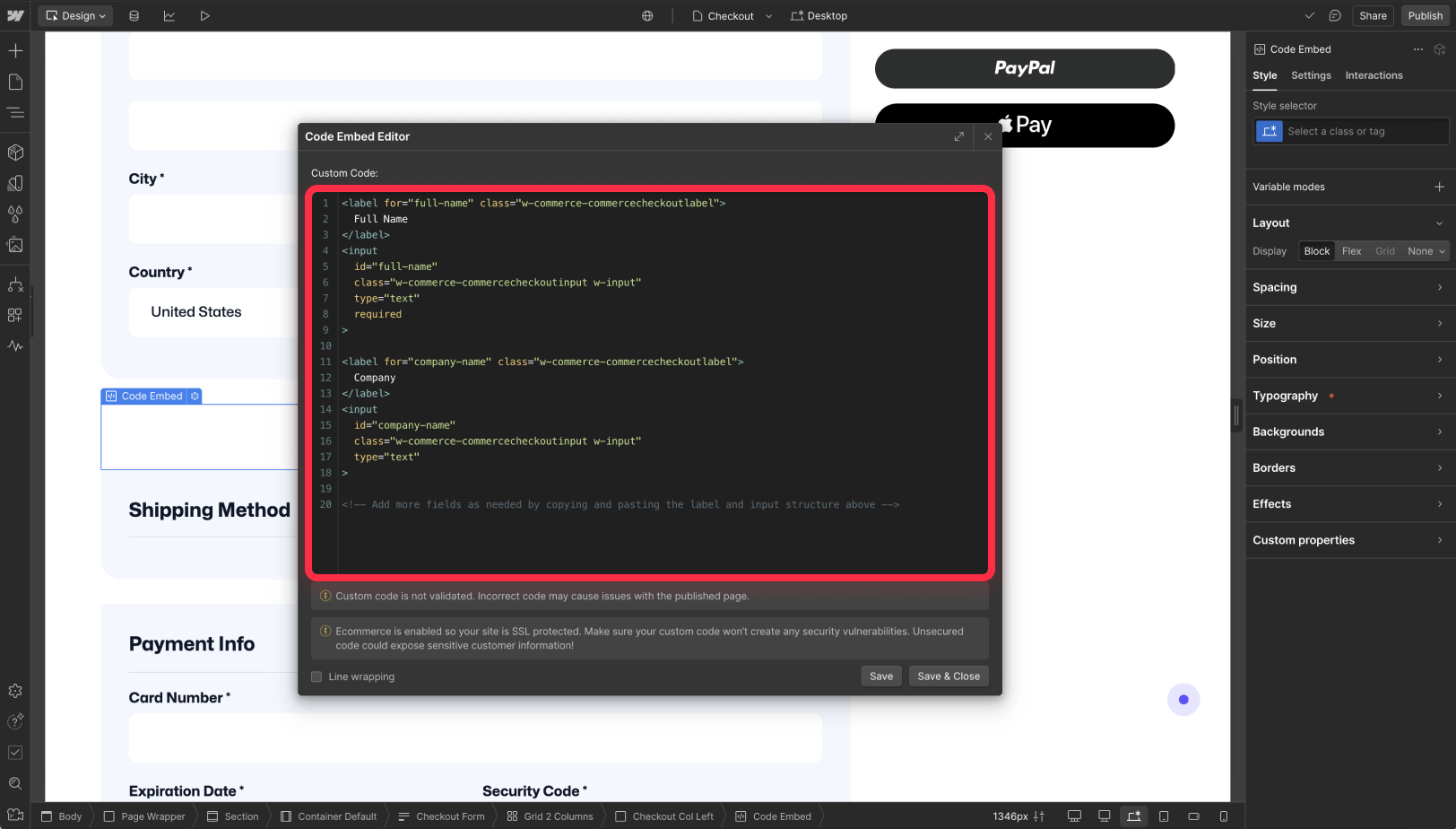 Configure form fields in Webflow checkout process