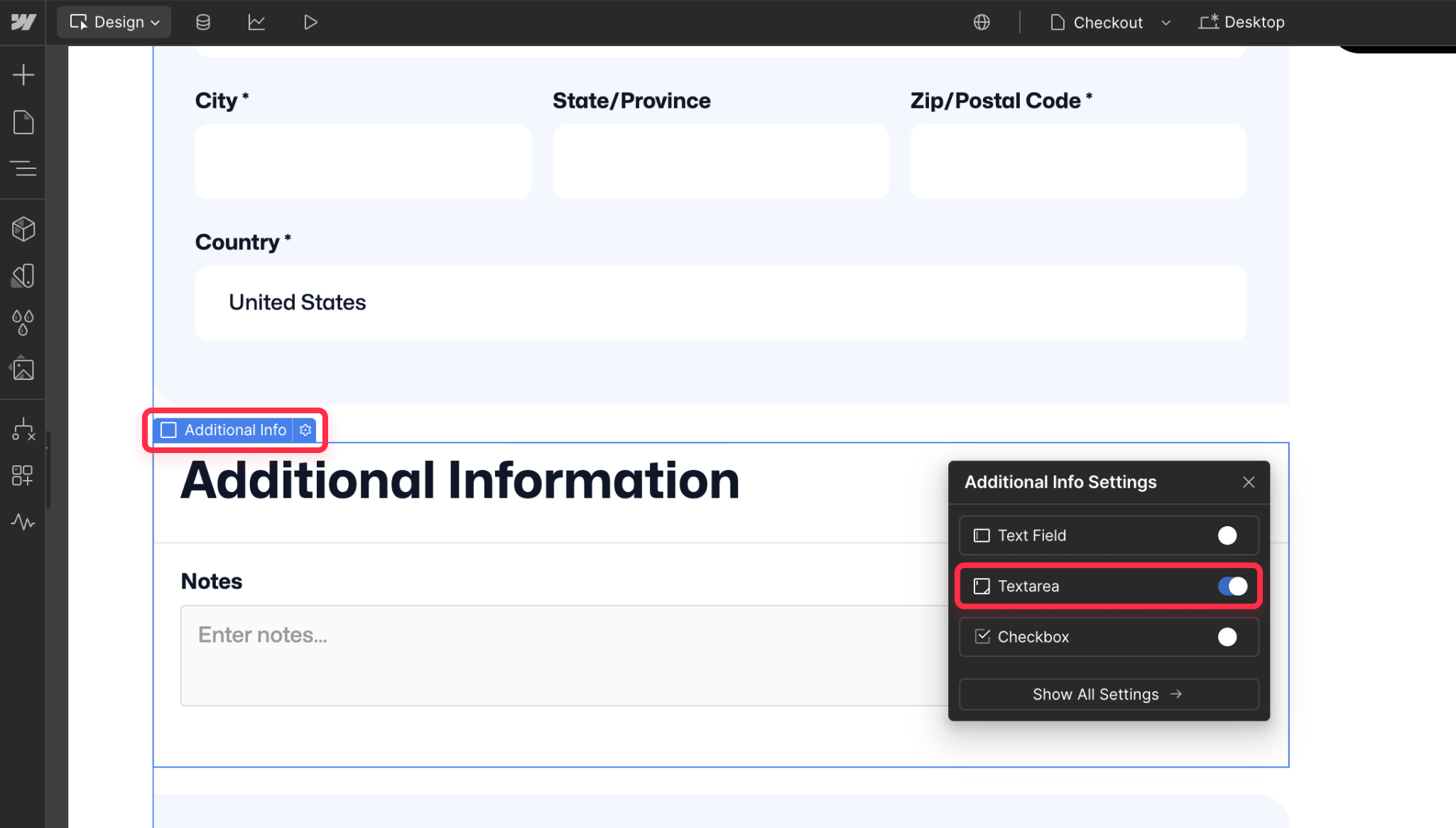 Enable text area in additional info Webflow ecommerce checkout functionality
