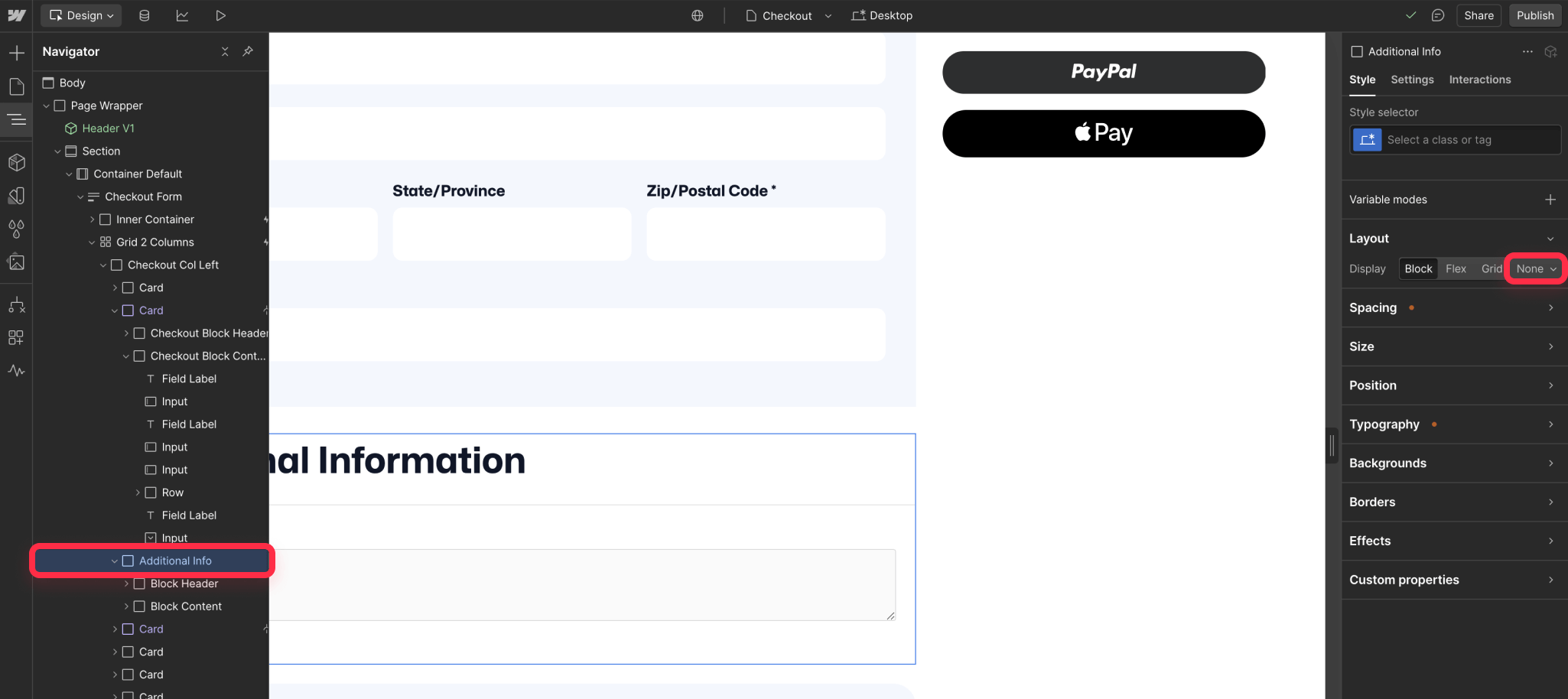 Hide additional information in Webflow ecommerce checkout
