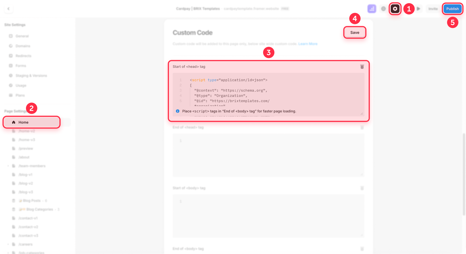 How To Paste Organization Schema JSON LD In Framer Page Settings Custom Code Section