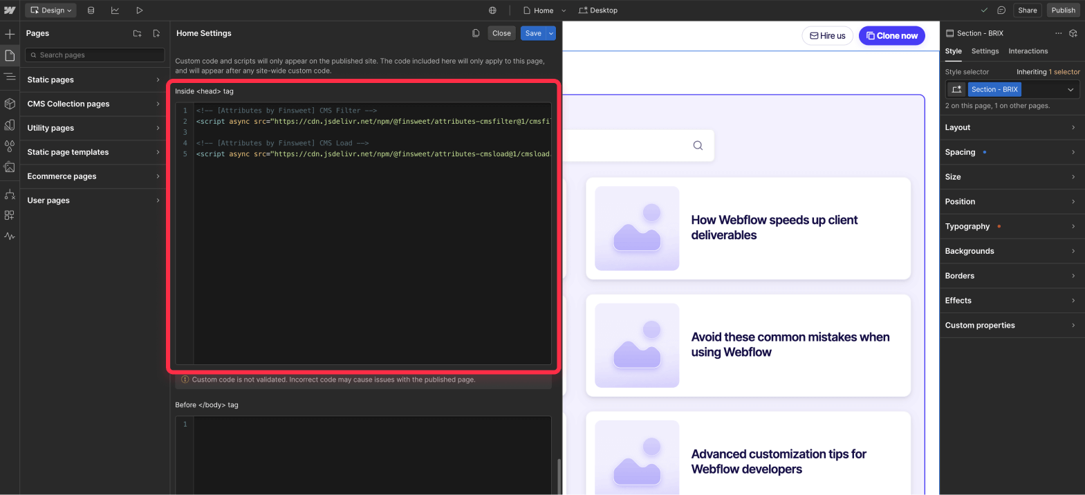 Add Finsweet attribute code to add real time search functionality to Webflow CMS