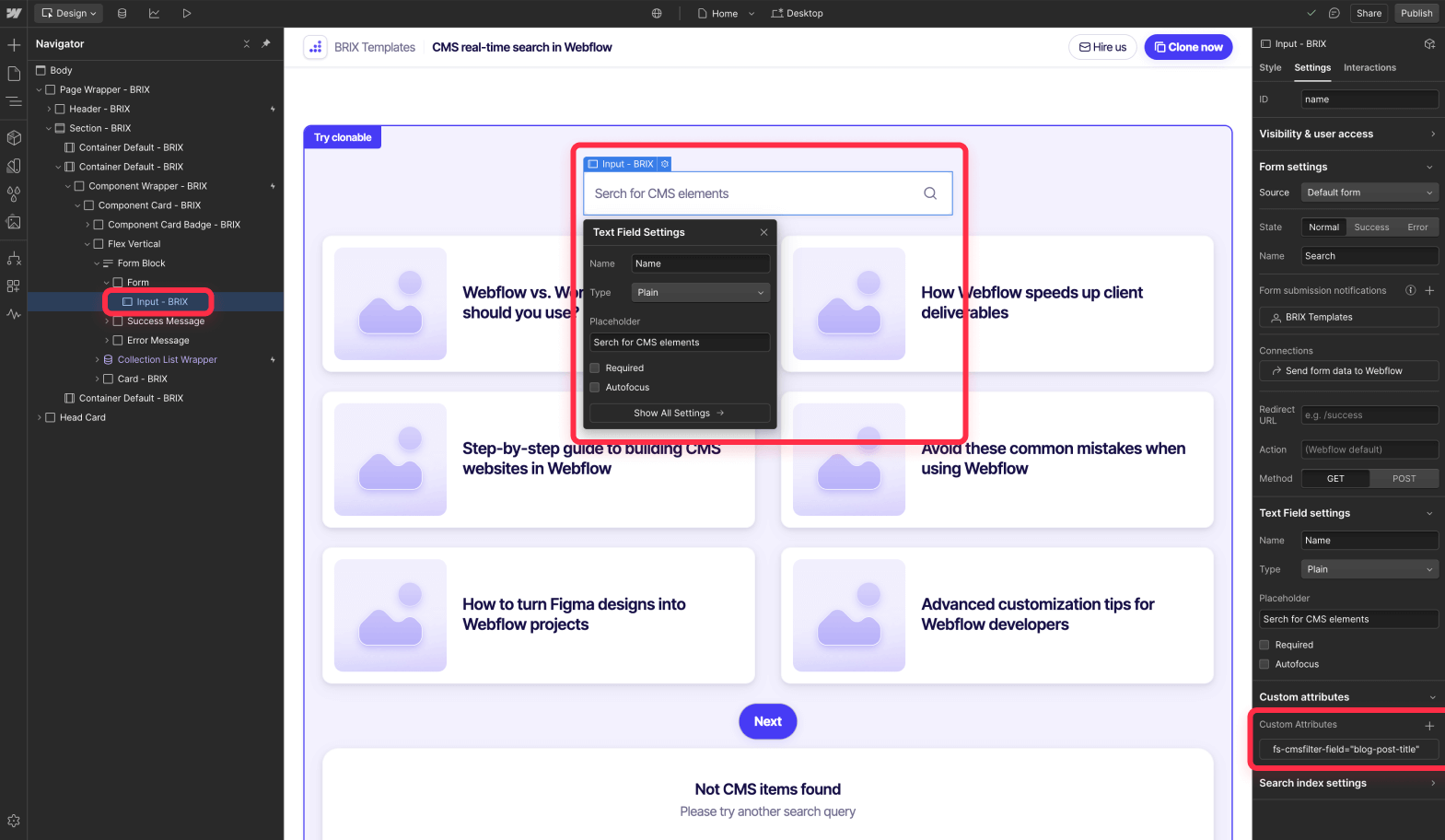 Configure search functionality on Webflow CMS with Finsweet attributes