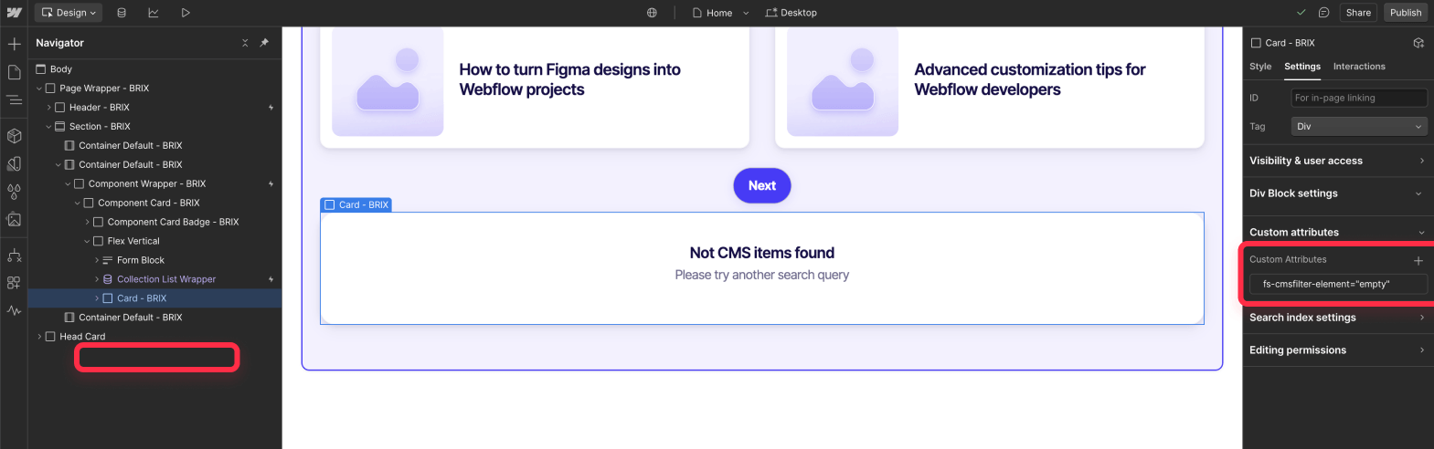 Setup no results found state for Webflow CMS search