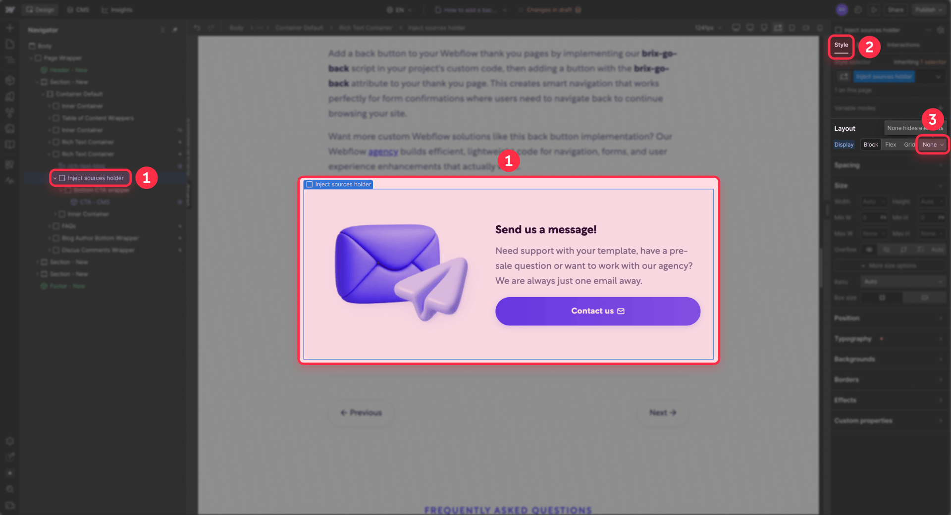 How To Hide The Sources Holder For Finsweet Inject In Webflow