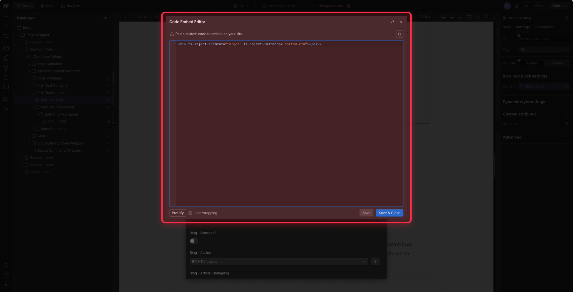 How To Insert The Finsweet Inject Target In Webflow Rich Text