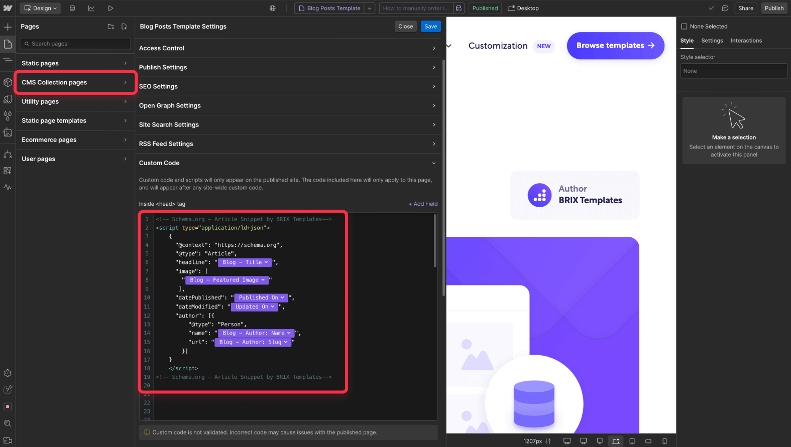Add article schema rich snippet code to Webflow CMS