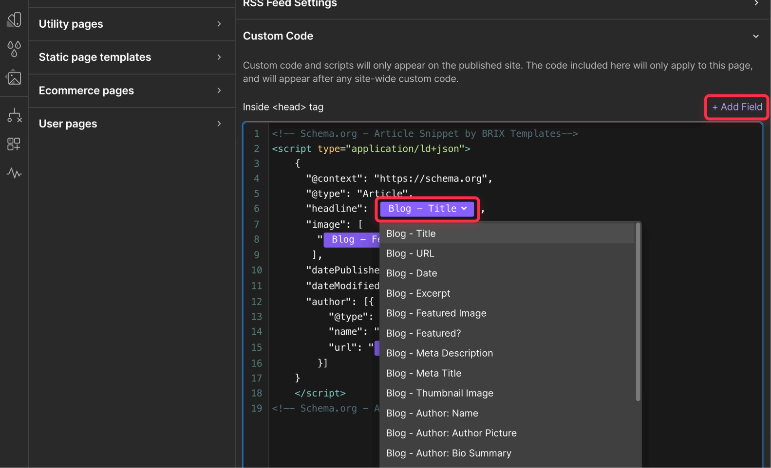 Select CMS properties to map to Google rich snippets article schema