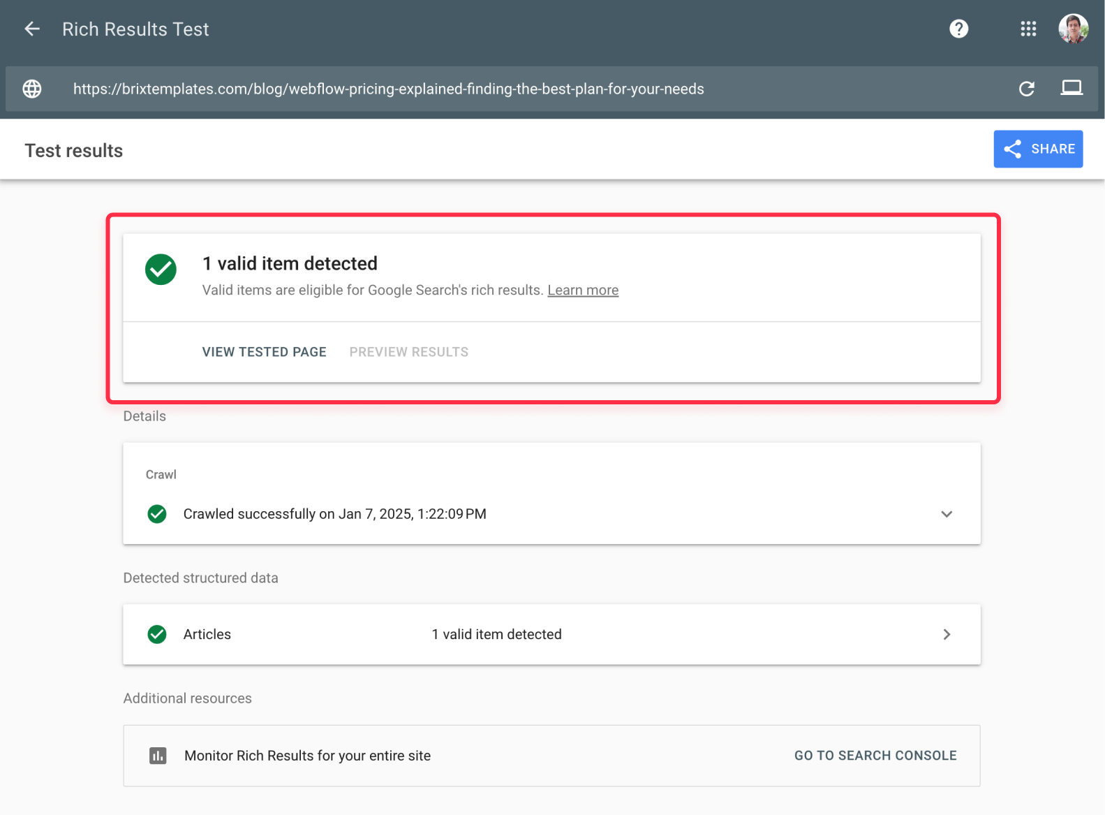 Verify Webflow article rich snippet implementation on Google validator
