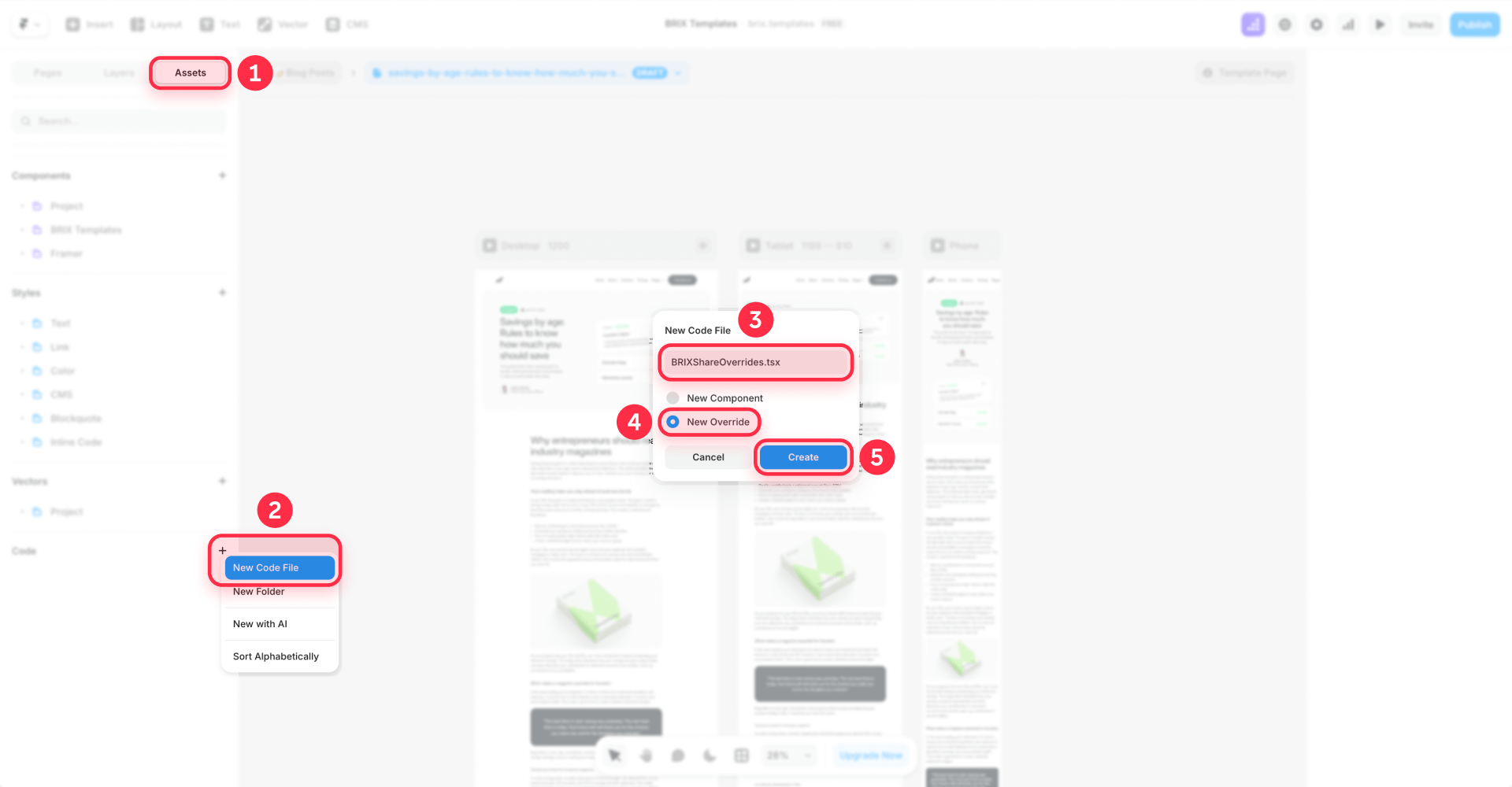How To Create A New Code File For BRIXShareOverrides In Framer Assets