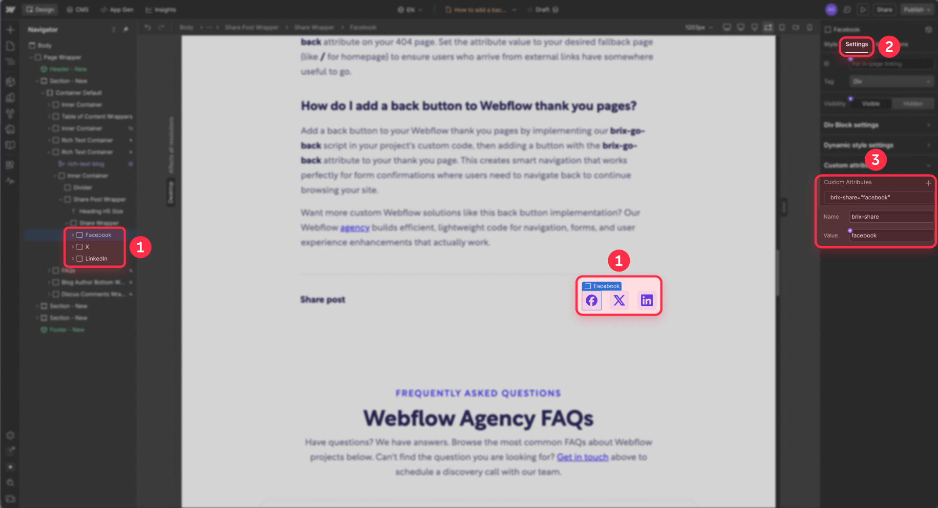 How To Add The BRIX Share Attribute To Share Icons In Webflow