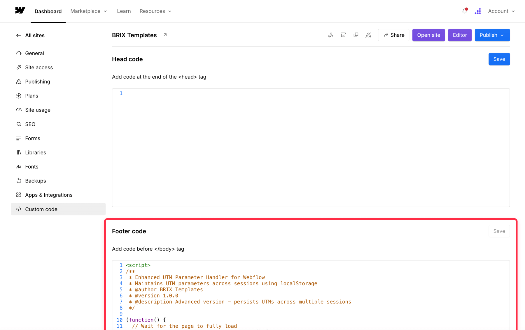 Add UTM parameter handler script to Webflow