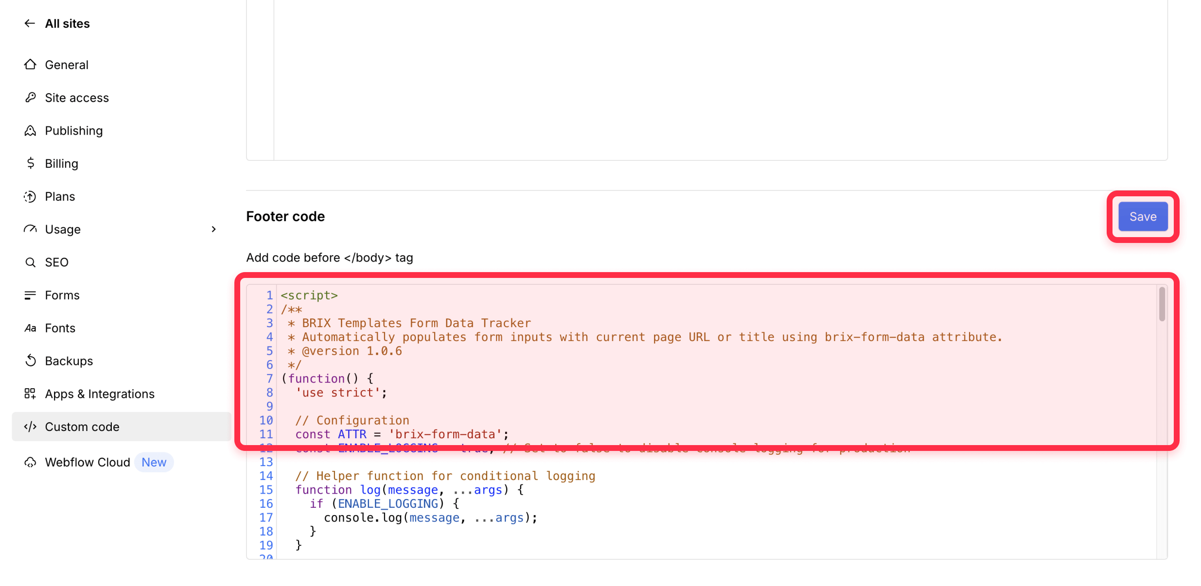 Add Webflow script to get page URL logged in Webflow forms