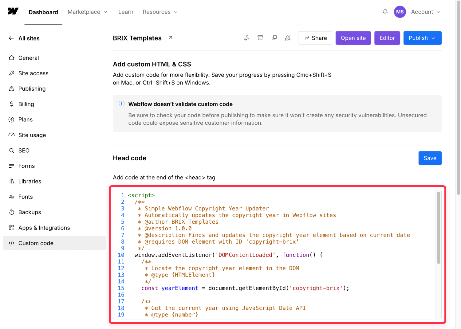 Add Webflow Copyright Updater Script to Project Settings