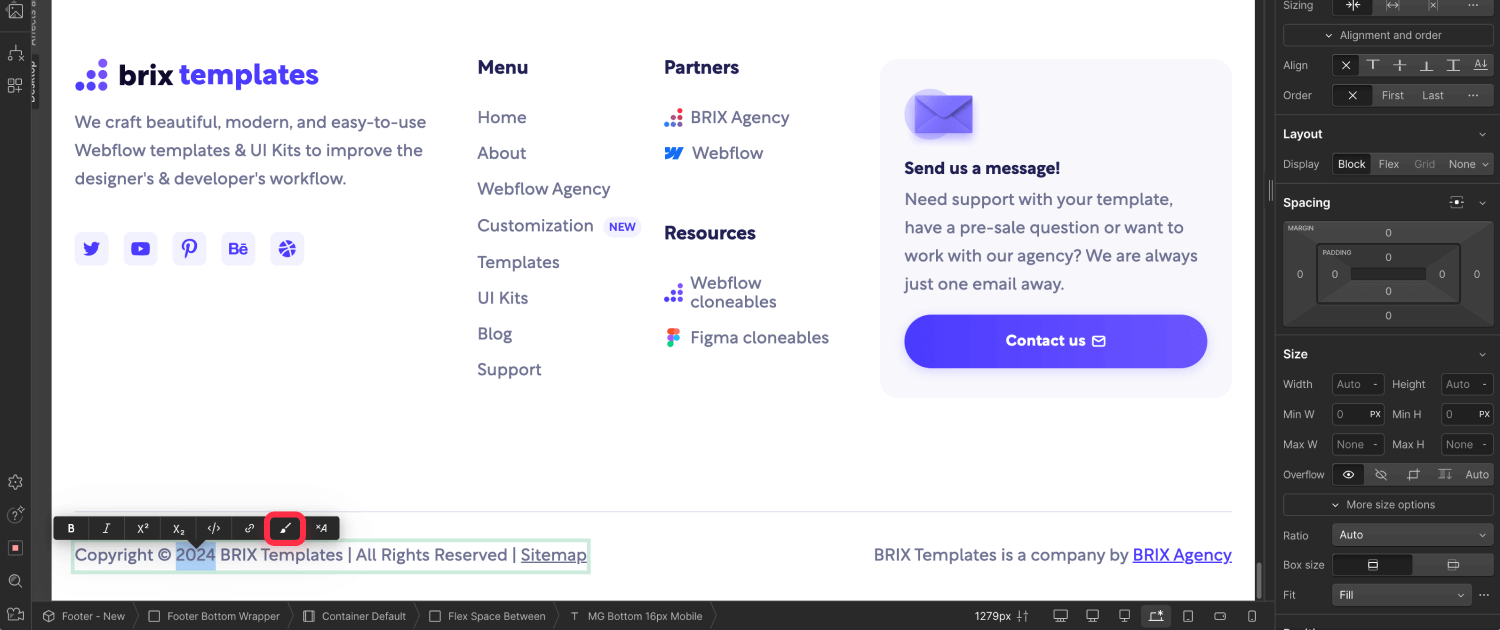 Add Webflow ID to your footer copyright number to update automatically
