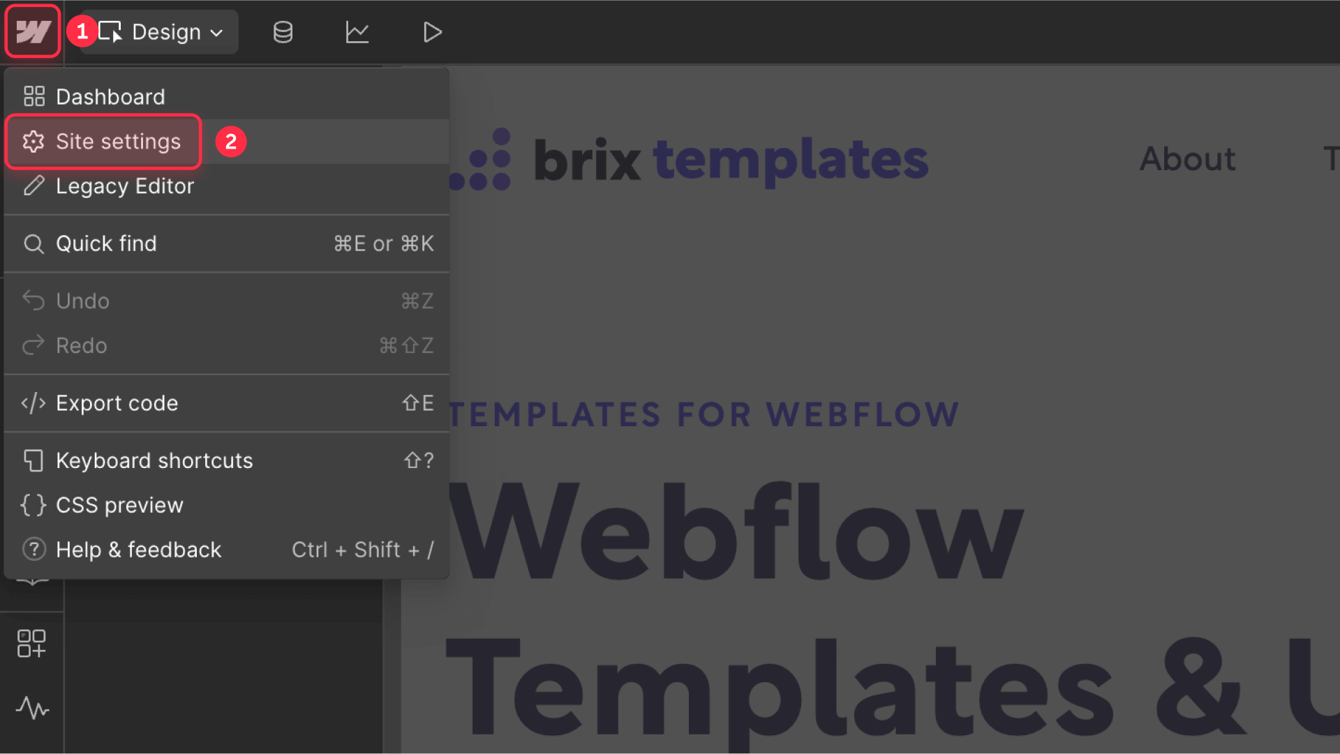 How to access Webflow site settings to add bot control