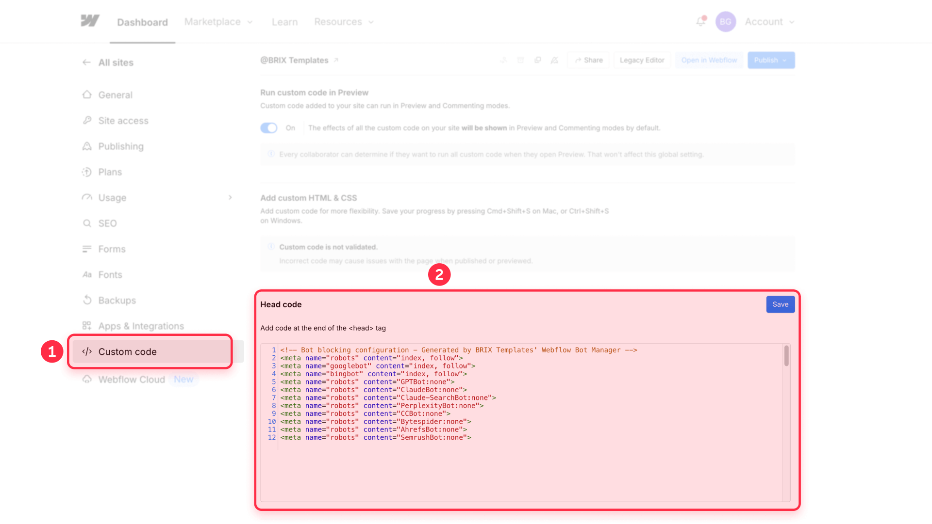 How to add meta tags in Webflow to block ai crawlers